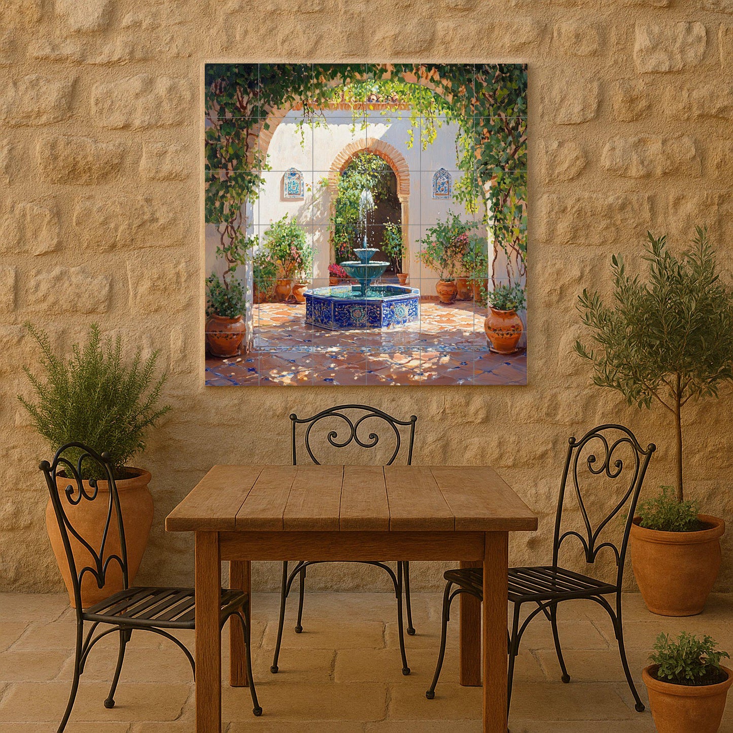 Ceramic mural of an Andalusian patio: Sunny fountain with terracotta pots and vine arches, Mediterranean garden scene
