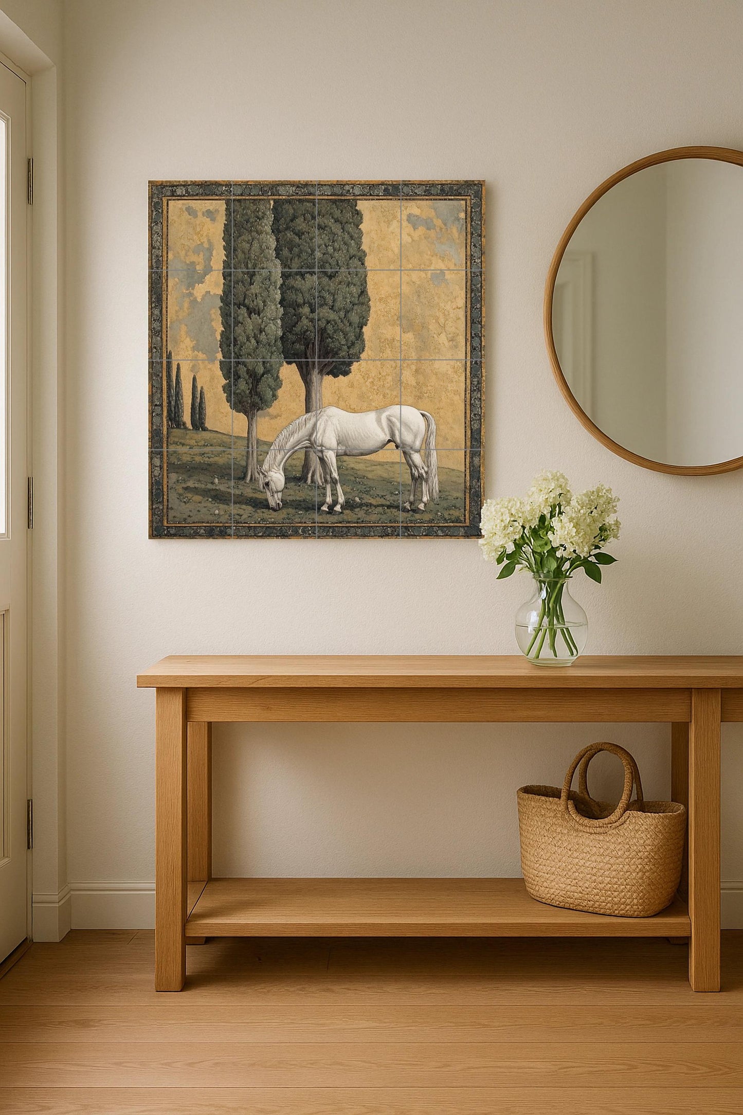 Ceramic mural "Pastoral Grace": White horse under cypress trees, peaceful country scene in classic landscape style