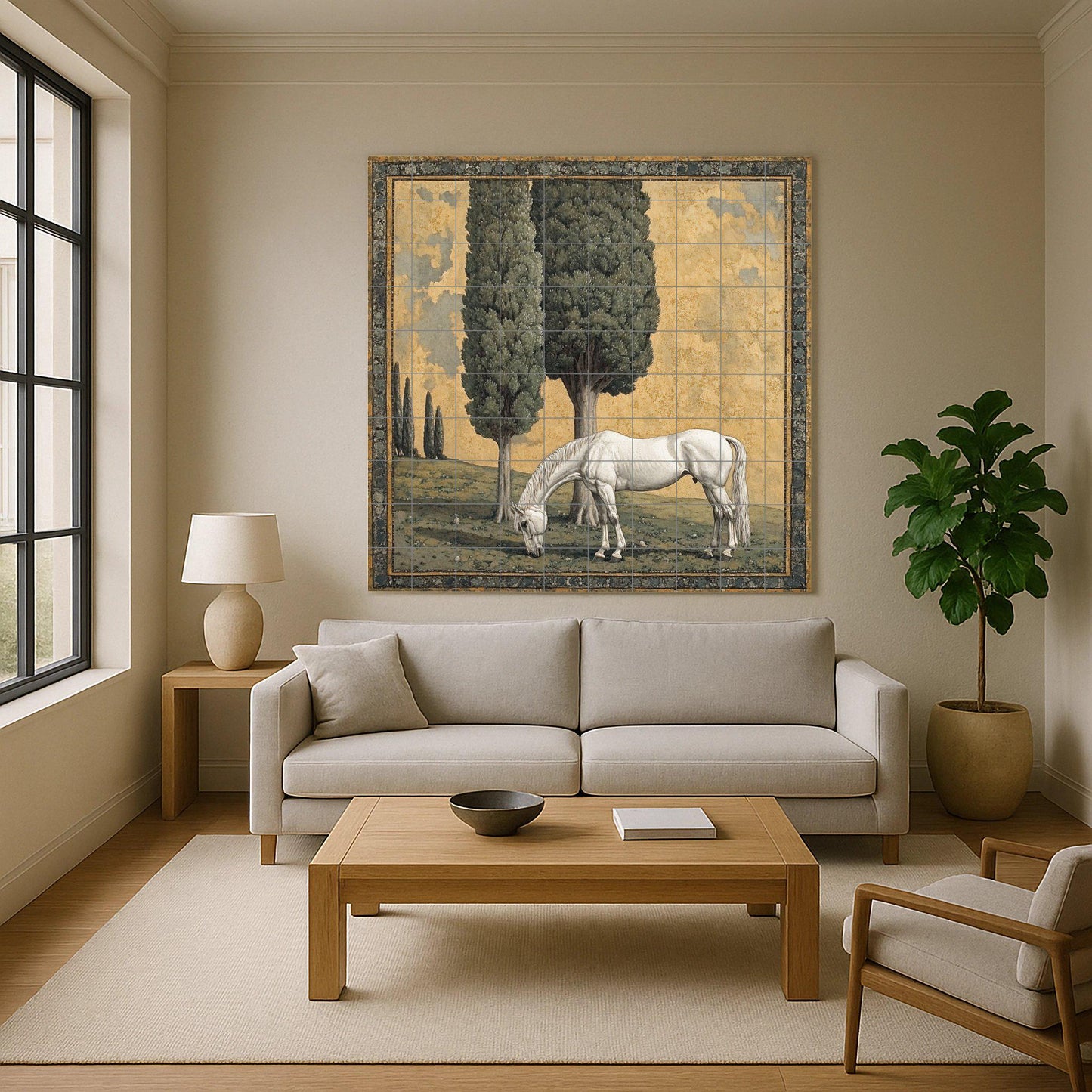 Ceramic mural "Pastoral Grace": White horse under cypress trees, peaceful country scene in classic landscape style