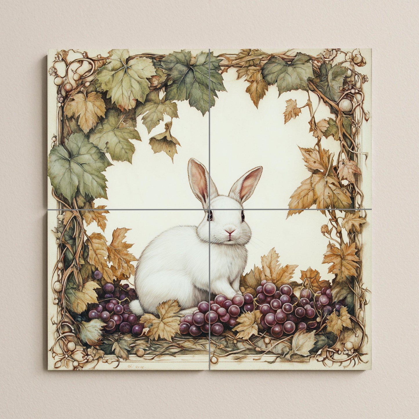 "Vineyard Rabbit" Ceramic Mural: White hare among grapes and autumn leaves. Naturalistic illustration in a warm vintage palette.