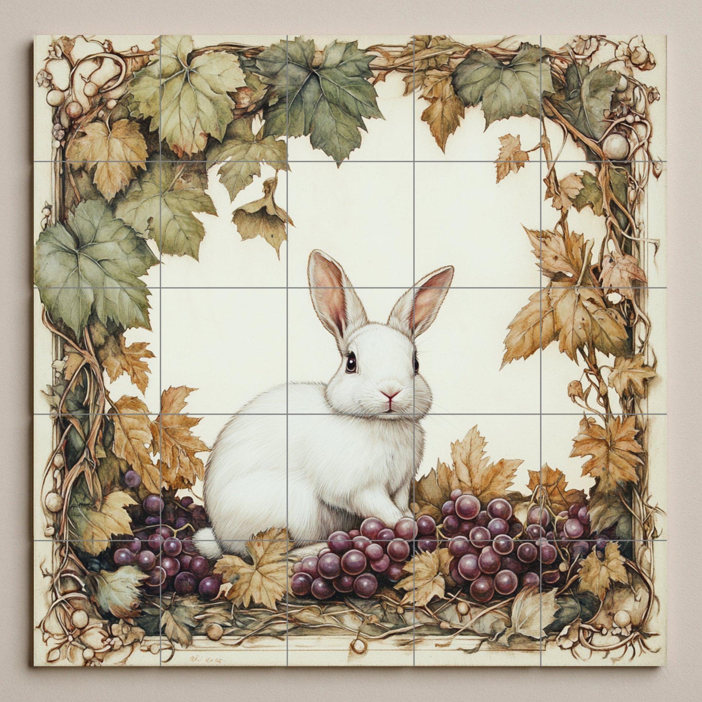 "Vineyard Rabbit" Ceramic Mural: White hare among grapes and autumn leaves. Naturalistic illustration in a warm vintage palette.