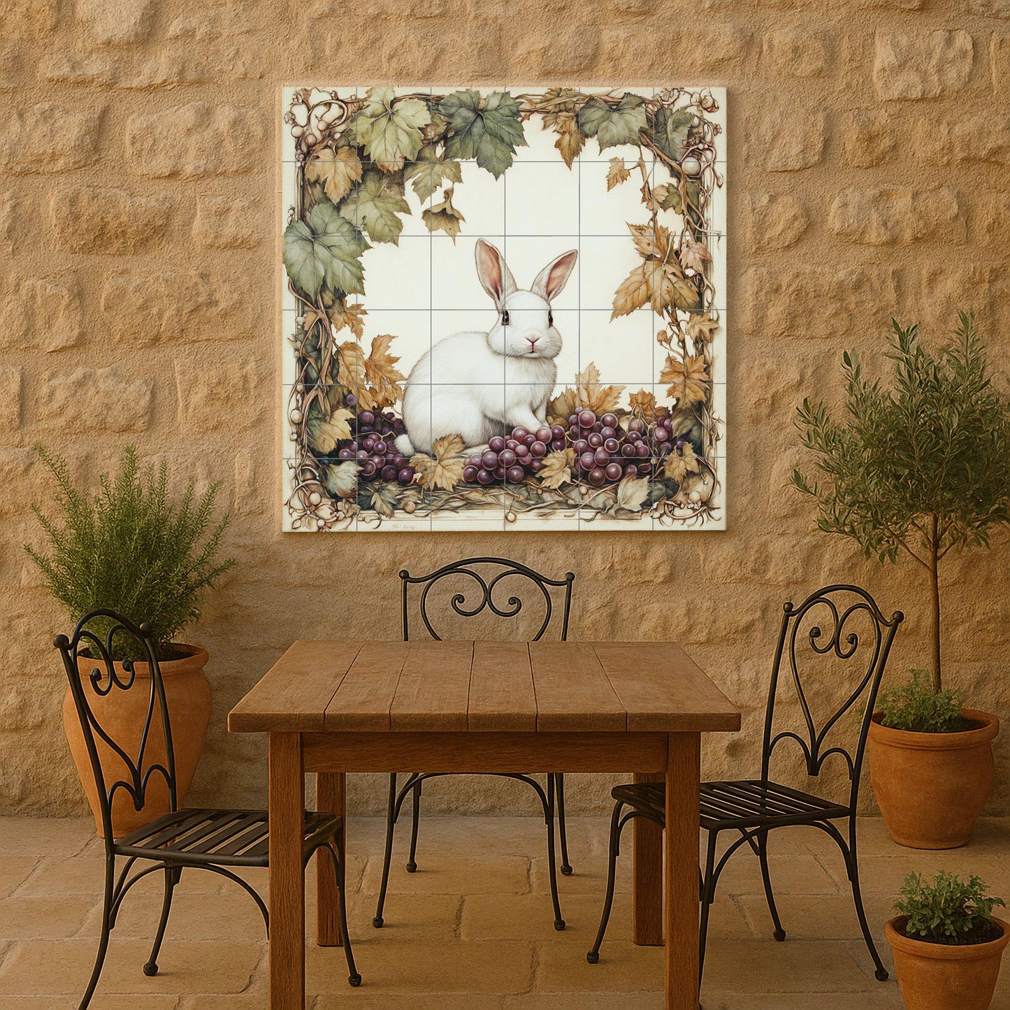 "Vineyard Rabbit" Ceramic Mural: White hare among grapes and autumn leaves. Naturalistic illustration in a warm vintage palette.