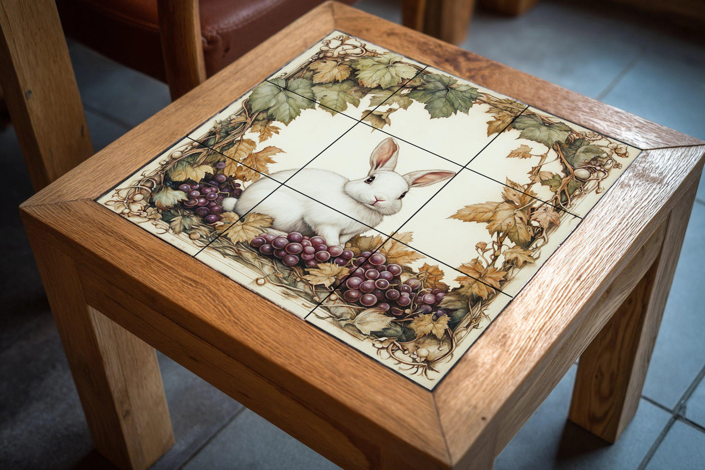 "Vineyard Rabbit" Ceramic Mural: White hare among grapes and autumn leaves. Naturalistic illustration in a warm vintage palette.