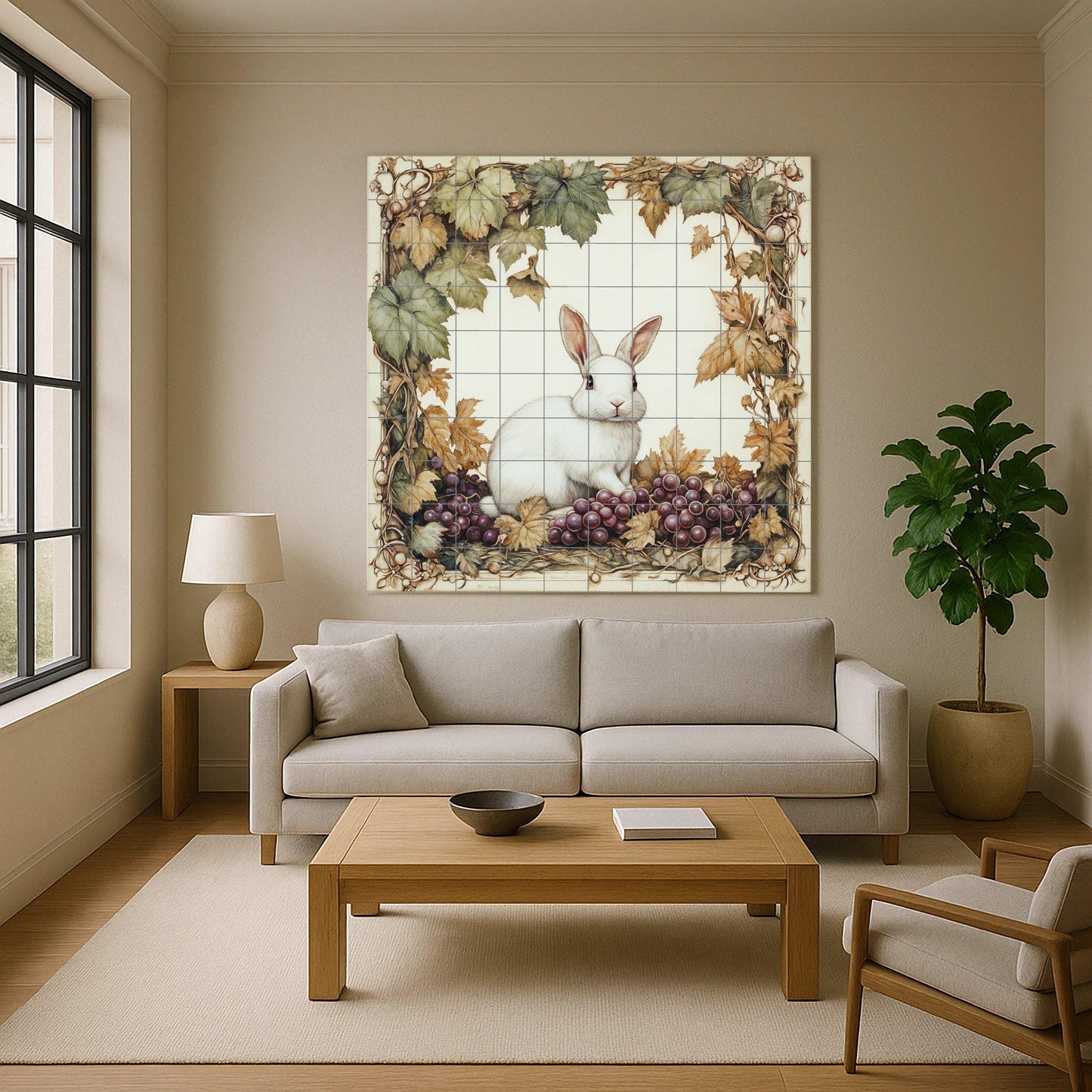"Vineyard Rabbit" Ceramic Mural: White hare among grapes and autumn leaves. Naturalistic illustration in a warm vintage palette.
