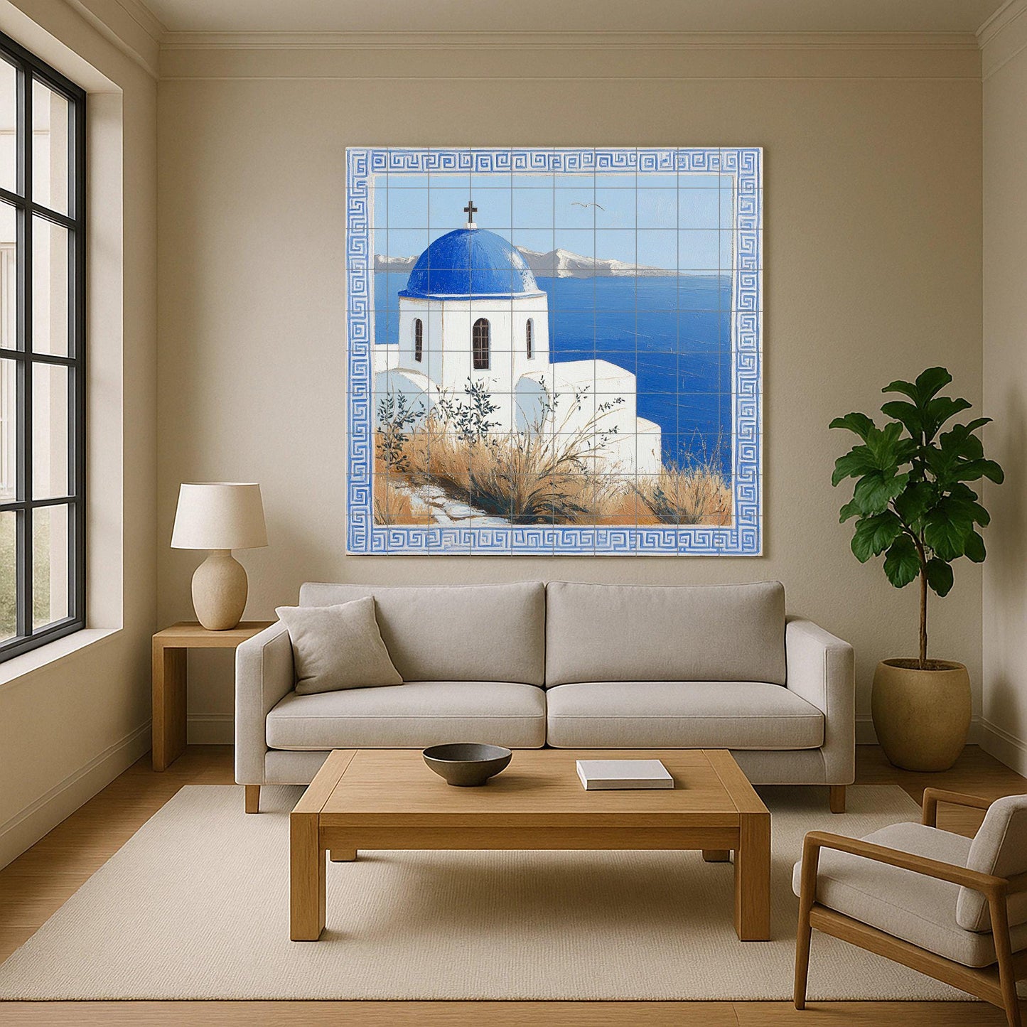Ceramic mural Aegean Horizon: Blue dome and white walls above the sea, serenity on a Greek island with Mediterranean light.