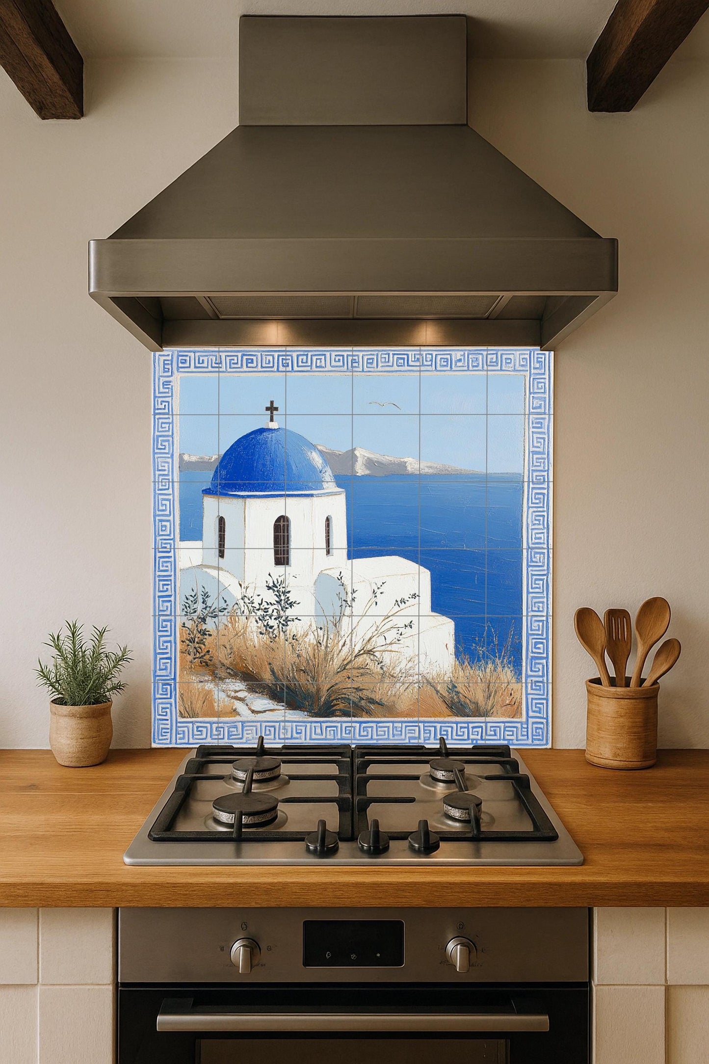 Ceramic mural Aegean Horizon: Blue dome and white walls above the sea, serenity on a Greek island with Mediterranean light.