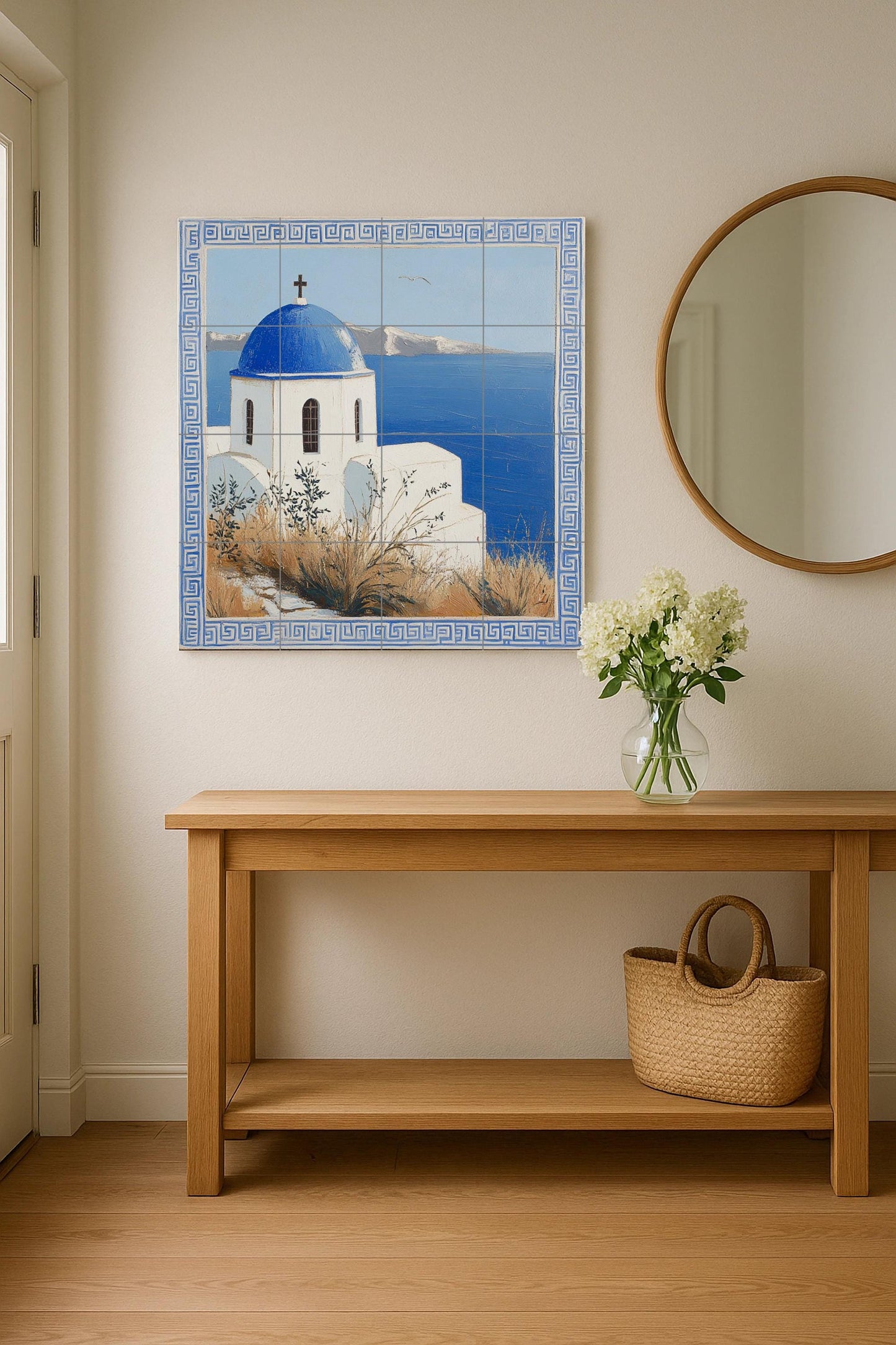 Ceramic mural Aegean Horizon: Blue dome and white walls above the sea, serenity on a Greek island with Mediterranean light.
