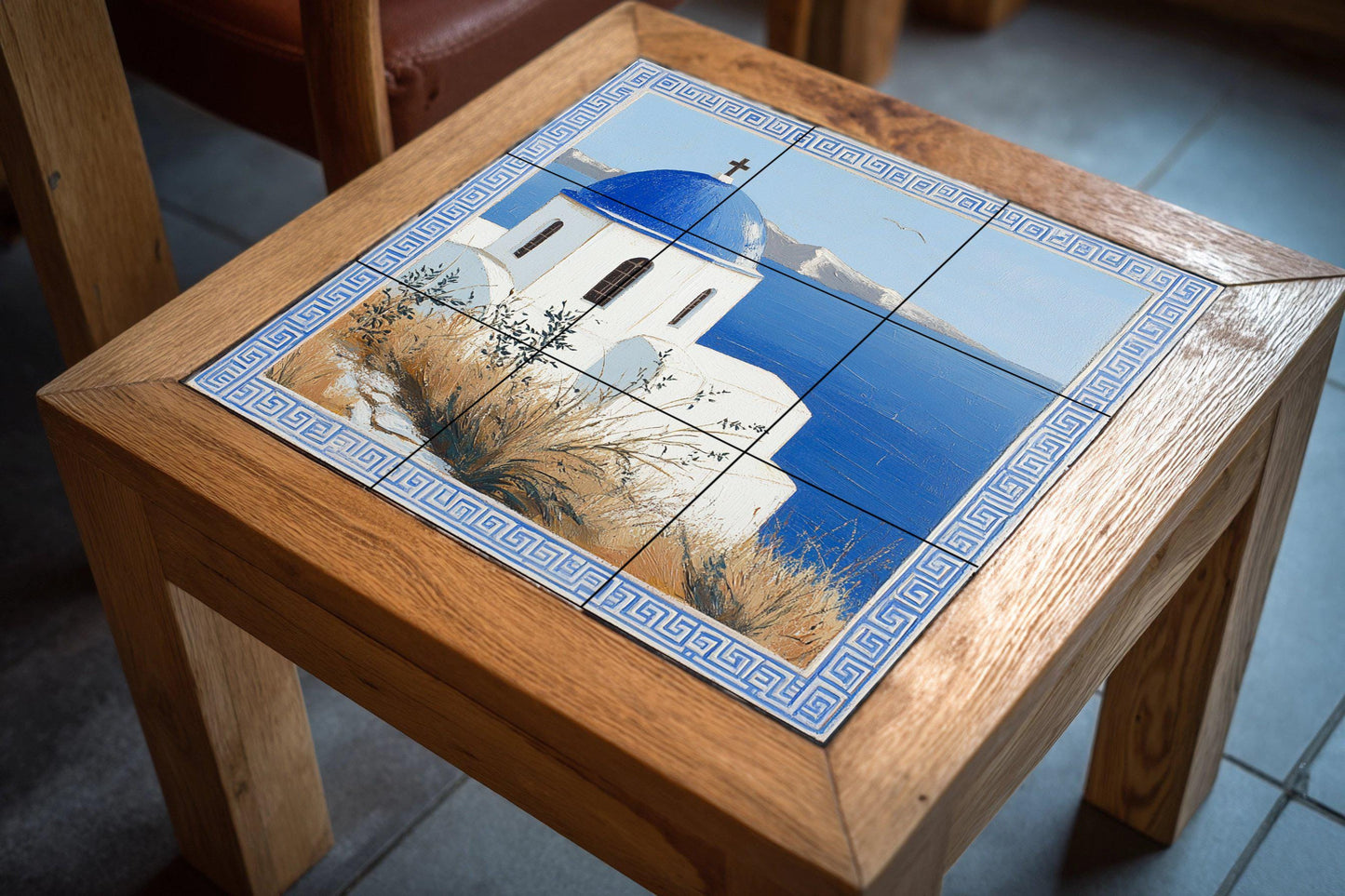 Ceramic mural Aegean Horizon: Blue dome and white walls above the sea, serenity on a Greek island with Mediterranean light.