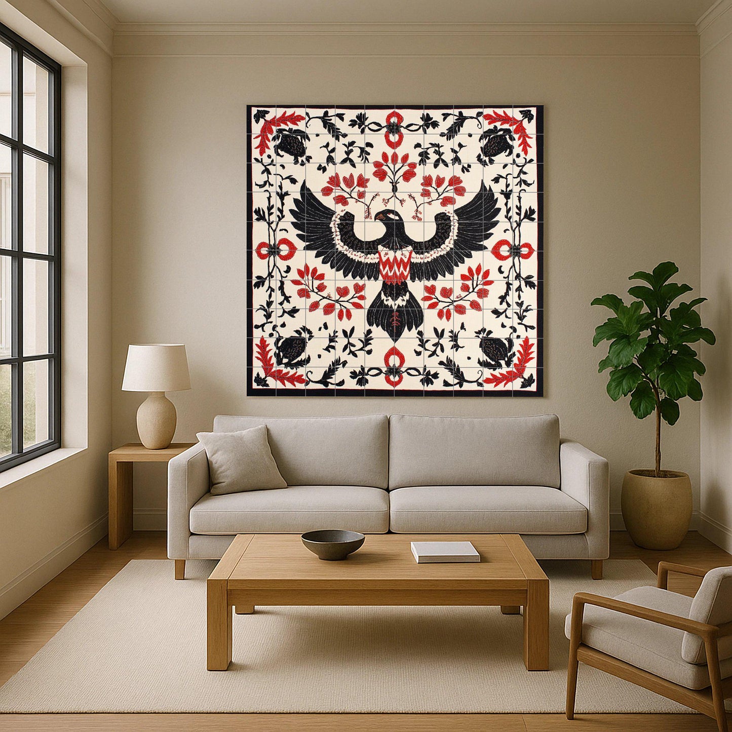 Ceramic mural of eagle and vine: Albanian folk motif with symmetry in black and red, artistic mosaic inspired by cultural heritage.