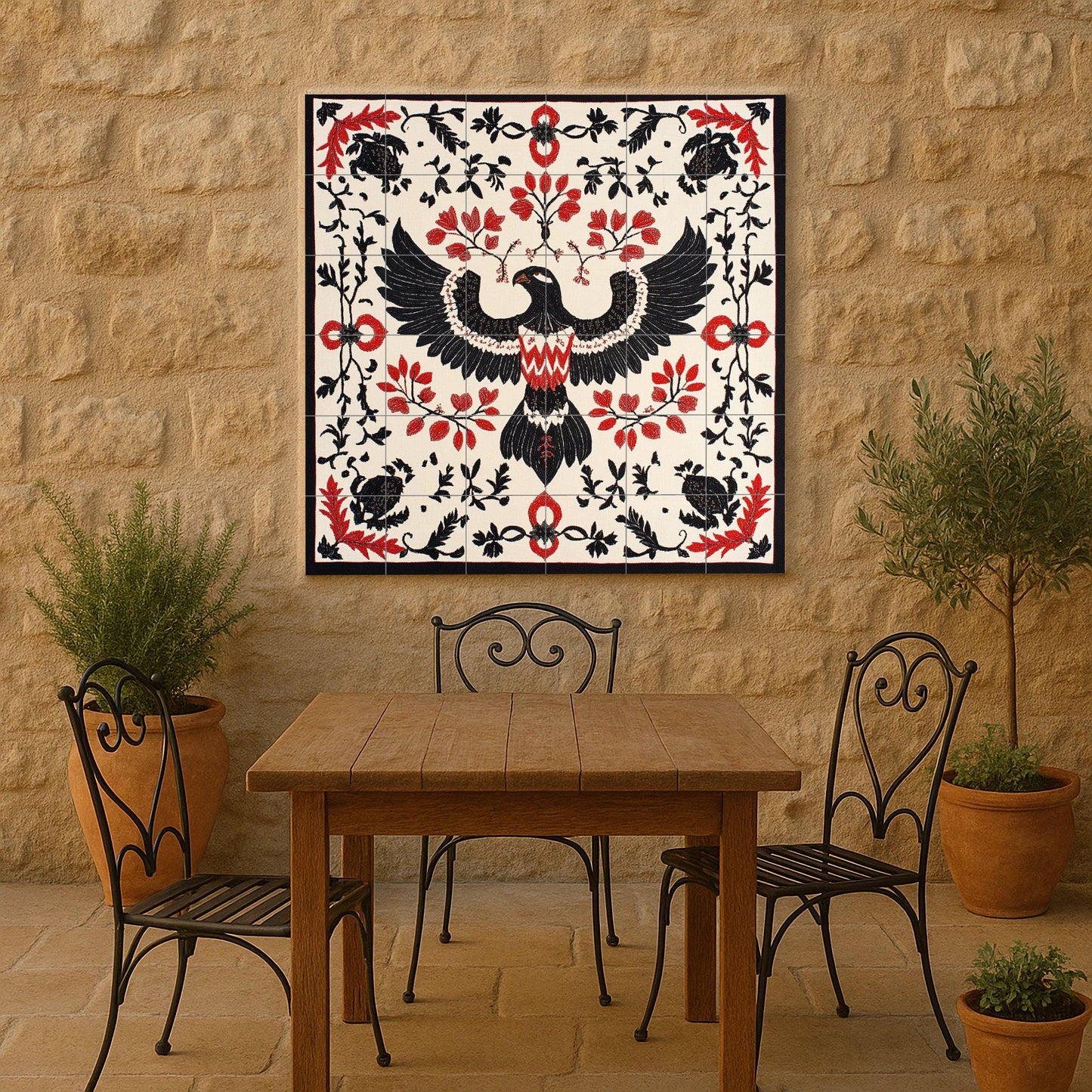 Ceramic mural of eagle and vine: Albanian folk motif with symmetry in black and red, artistic mosaic inspired by cultural heritage.