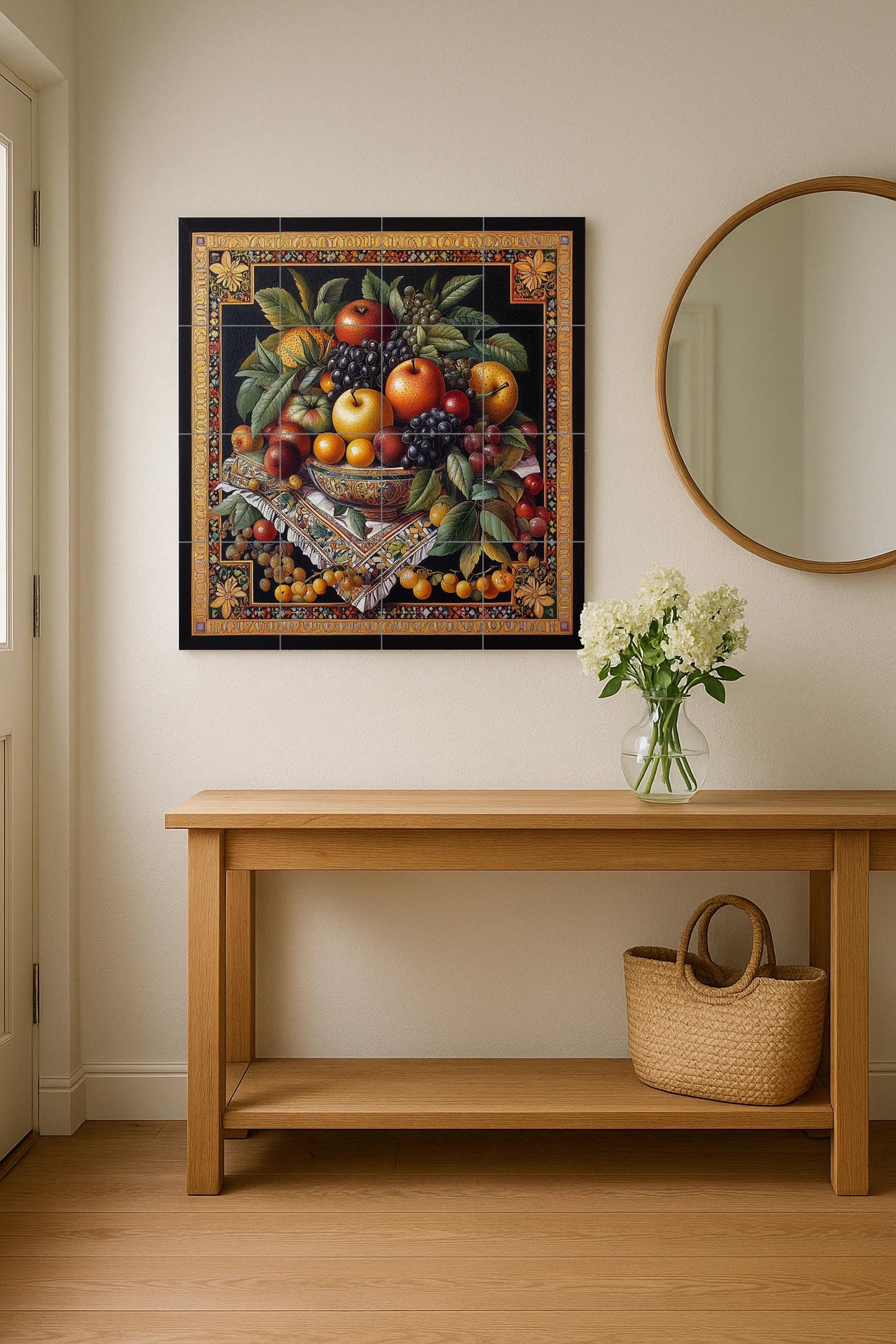 "Golden Harvest" ceramic mural: Classic still life with apples, grapes and autumn fruits in an elaborate Renaissance style.