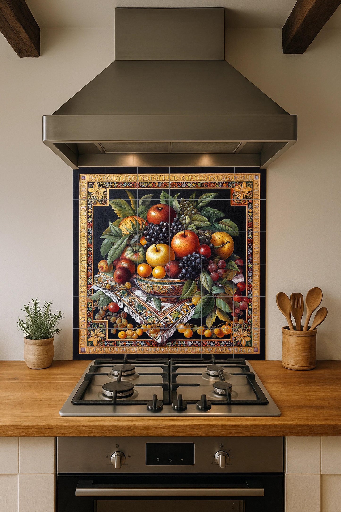 "Golden Harvest" ceramic mural: Classic still life with apples, grapes and autumn fruits in an elaborate Renaissance style.