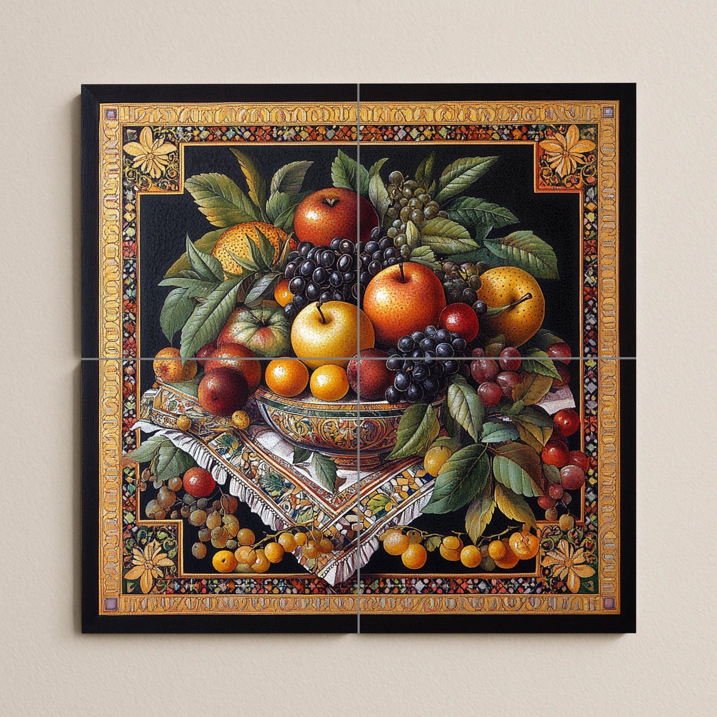 "Golden Harvest" ceramic mural: Classic still life with apples, grapes and autumn fruits in an elaborate Renaissance style.