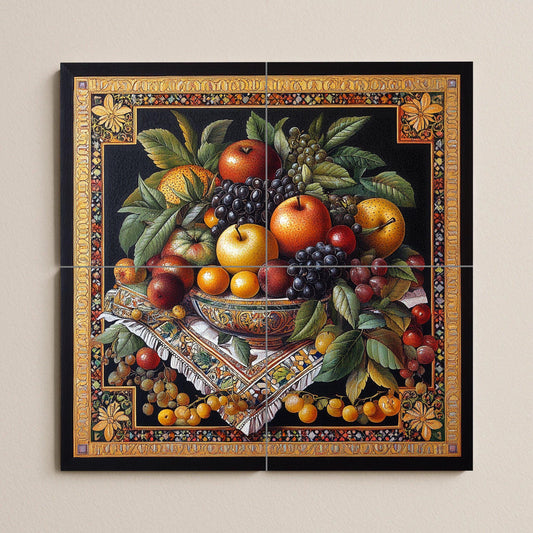 "Golden Harvest" ceramic mural: Classic still life with apples, grapes and autumn fruits in an elaborate Renaissance style.