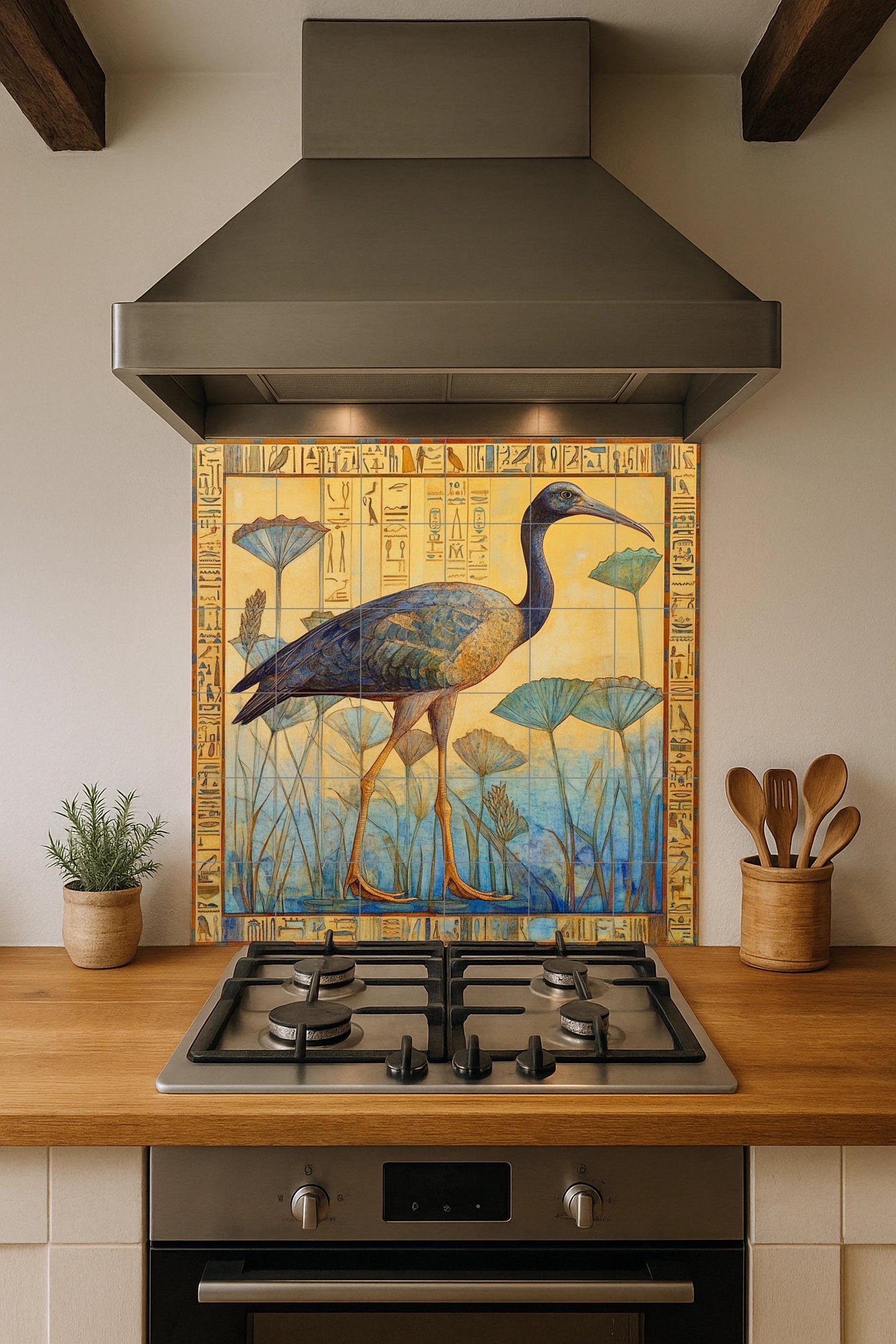 Ceramic mural with ibis among papyrus: Egyptian-inspired tile artwork with hieroglyphic border in muted yellow and blue.