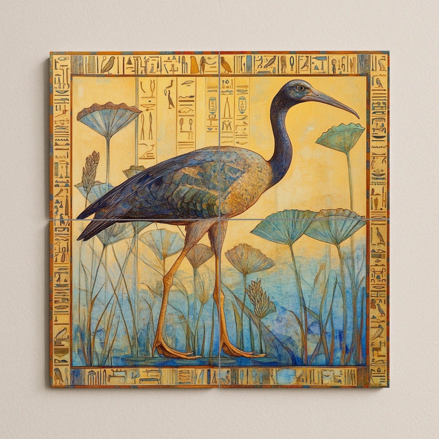 Ceramic mural with ibis among papyrus: Egyptian-inspired tile artwork with hieroglyphic border in muted yellow and blue.