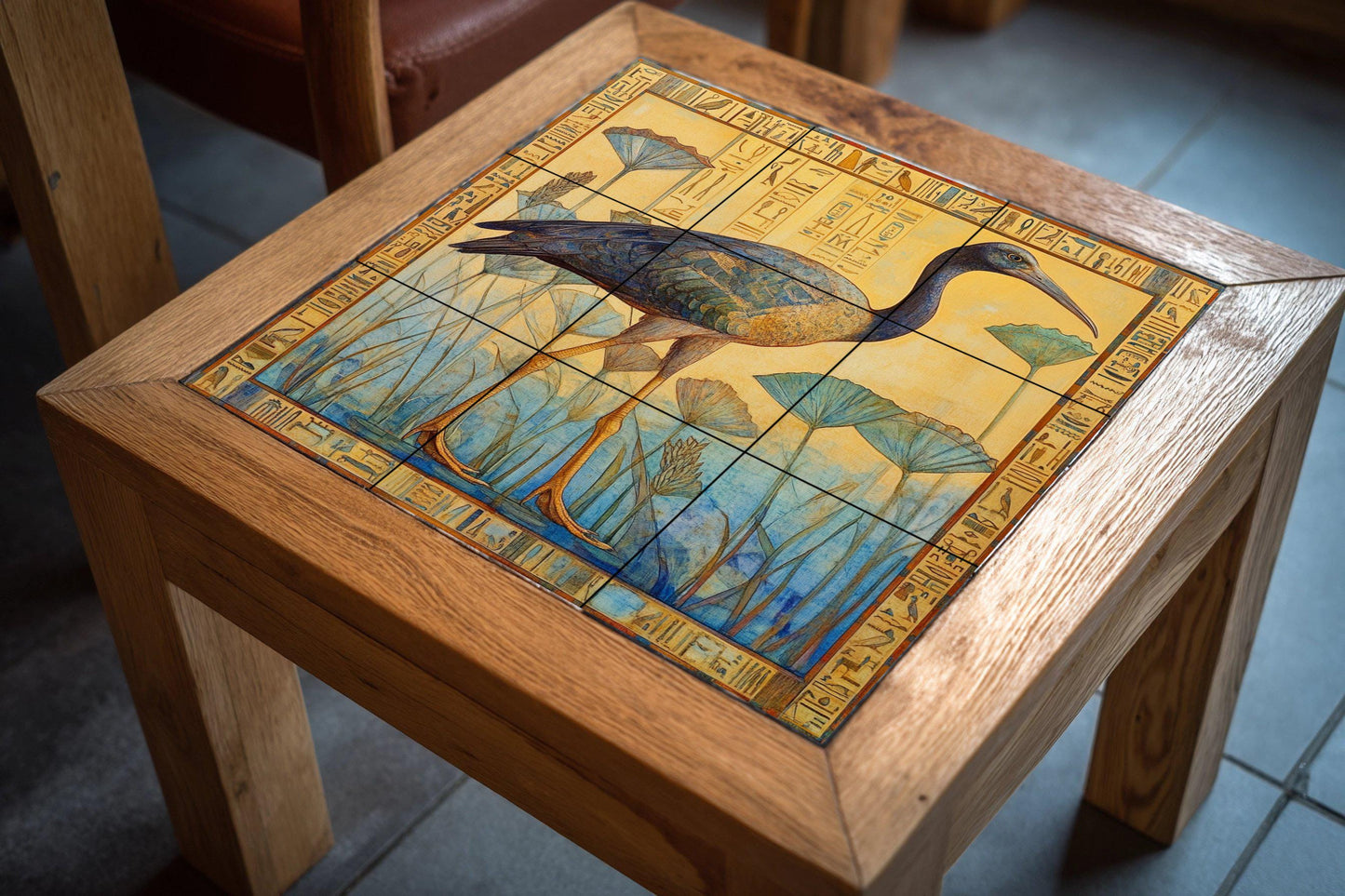 Ceramic mural with ibis among papyrus: Egyptian-inspired tile artwork with hieroglyphic border in muted yellow and blue.