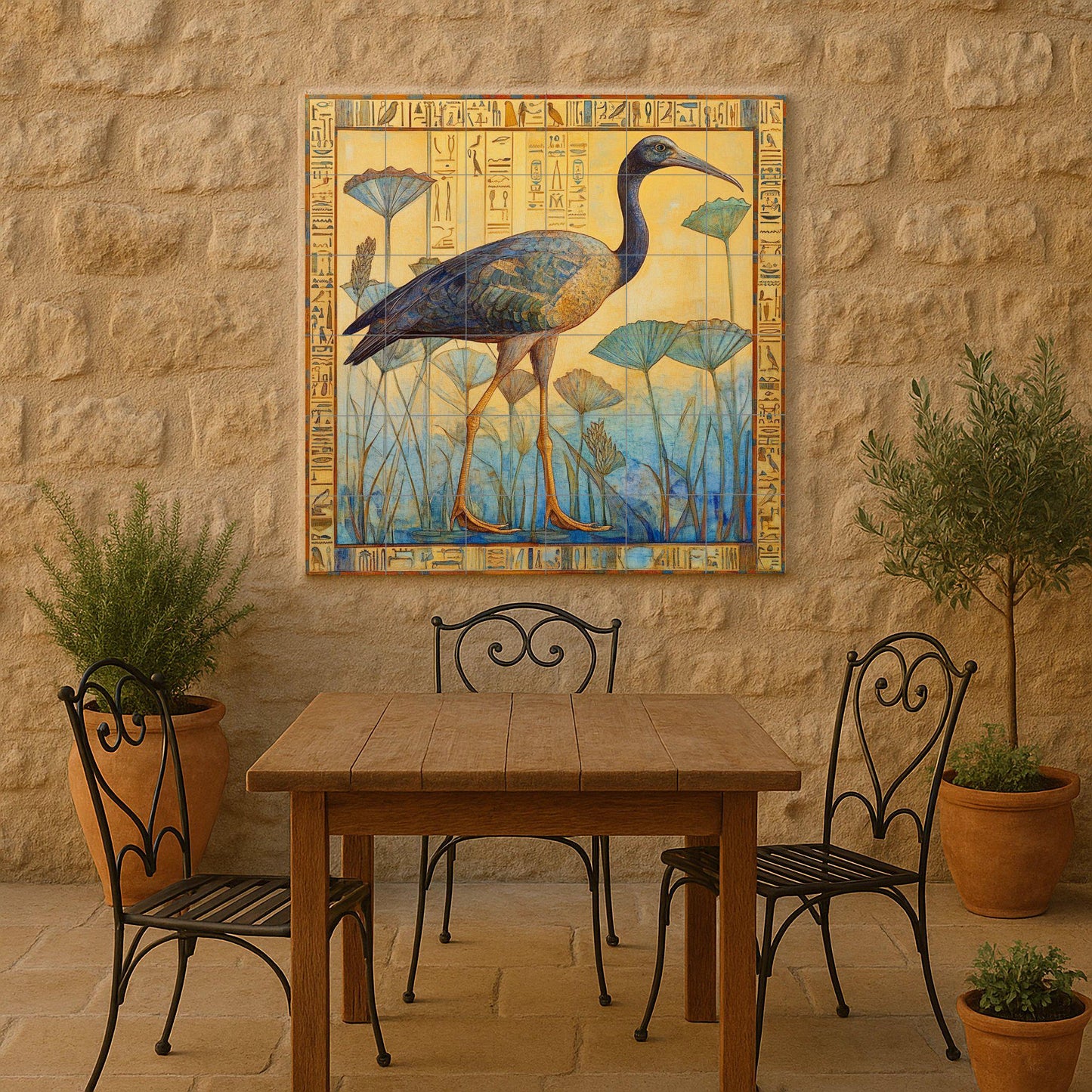 Ceramic mural with ibis among papyrus: Egyptian-inspired tile artwork with hieroglyphic border in muted yellow and blue.