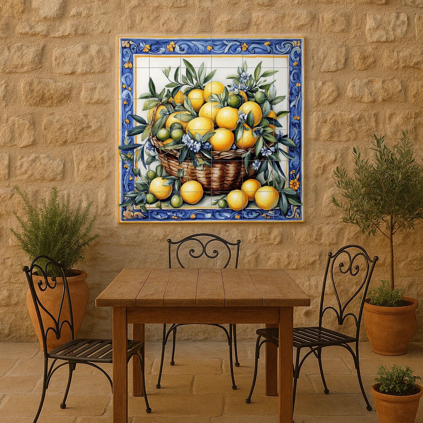 Ceramic mural with basket of lemons and oranges: blue floral border, Mediterranean citrus tile artwork with green leaves and flowers.