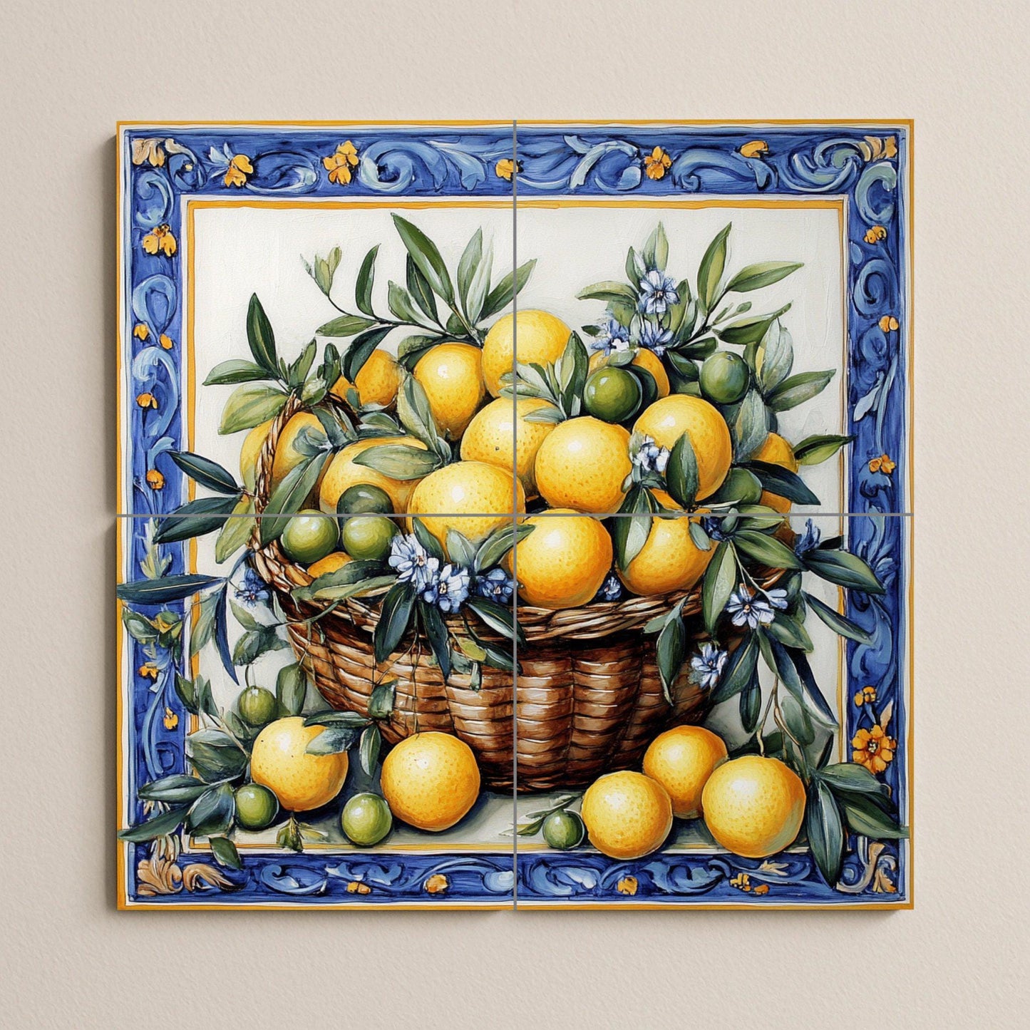 Ceramic mural with basket of lemons and oranges: blue floral border, Mediterranean citrus tile artwork with green leaves and flowers.