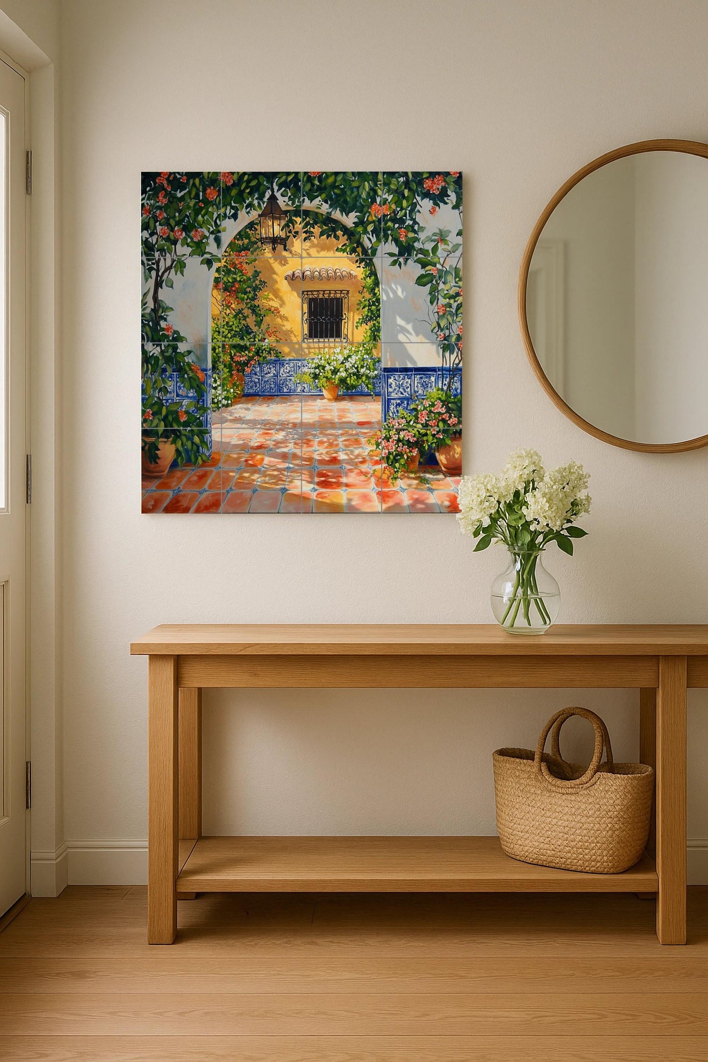 Ceramic mural with sunny patio and blue tiled arch: Mediterranean patio scene with flowers, lantern and terracotta floor.