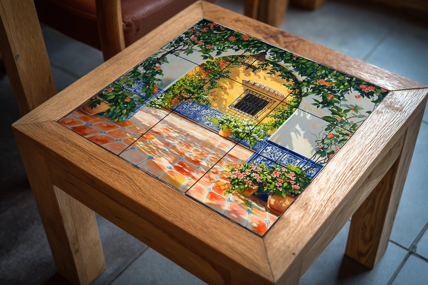 Ceramic mural with sunny patio and blue tiled arch: Mediterranean patio scene with flowers, lantern and terracotta floor.