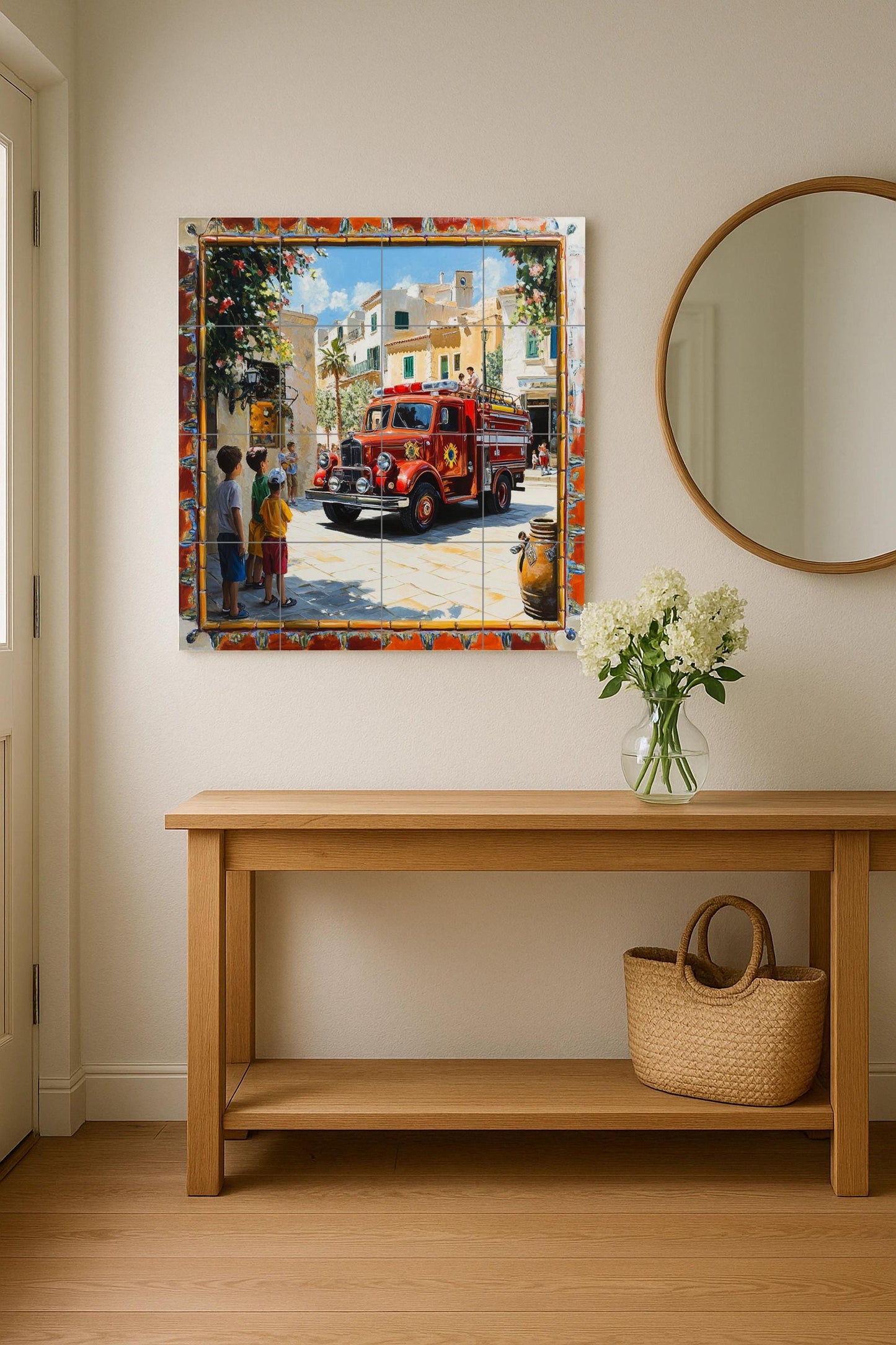 Ceramic mural with an old fire truck in a Mediterranean village: decorative artwork with colorful tiles, children and a sunny street.