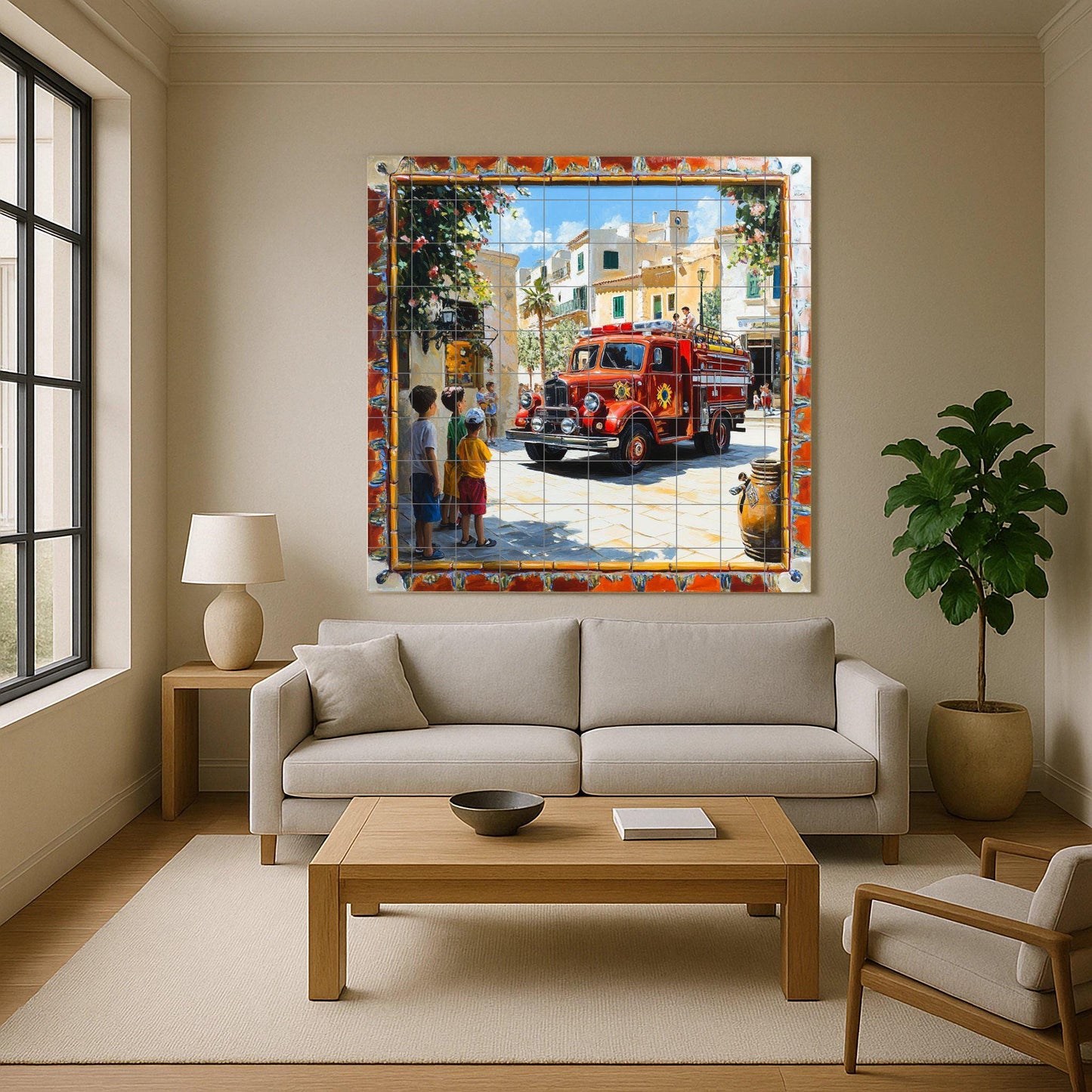 Ceramic mural with an old fire truck in a Mediterranean village: decorative artwork with colorful tiles, children and a sunny street.