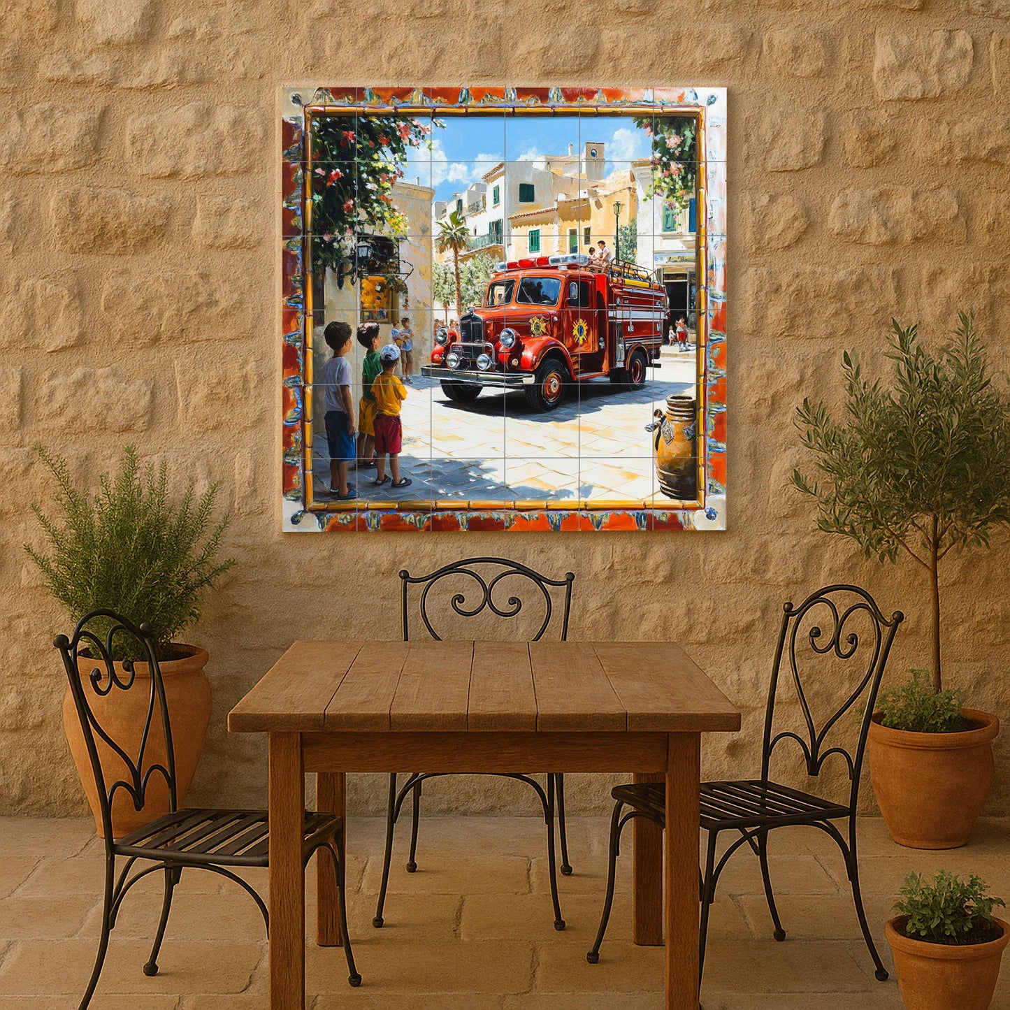Ceramic mural with an old fire truck in a Mediterranean village: decorative artwork with colorful tiles, children and a sunny street.