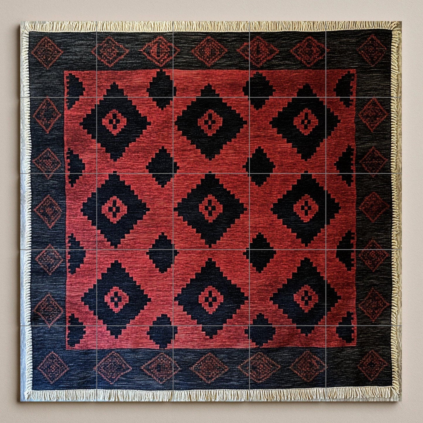 Argentine gaucho poncho ceramic mural with red and black diamond motifs and border pattern inspired by pampa weaving