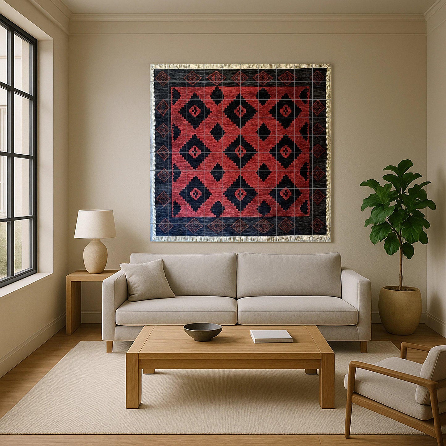 Argentine gaucho poncho ceramic mural with red and black diamond motifs and border pattern inspired by pampa weaving