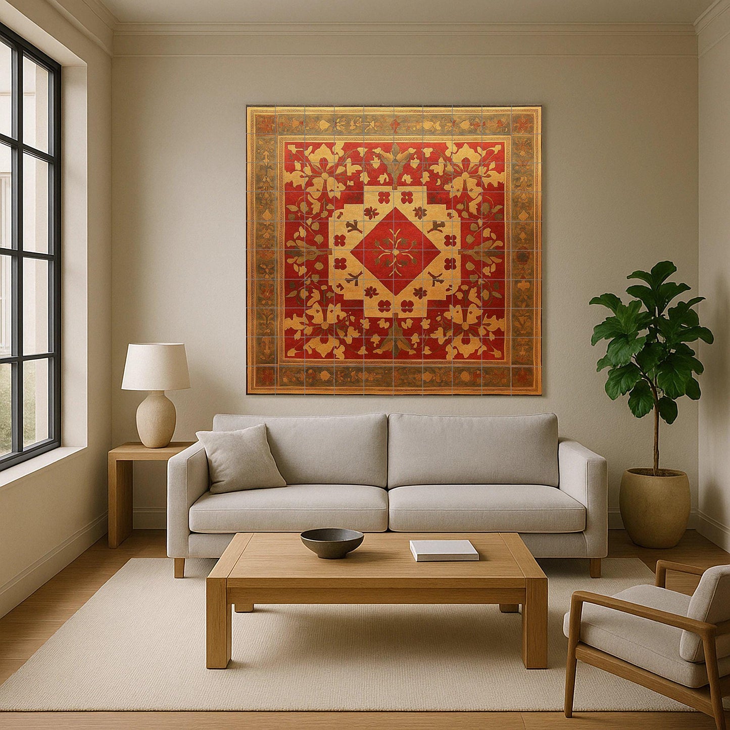 Armenian ceramic mural with motifs of crosses, golden rosettes, red geometric centerpiece and ornamentation of illuminated vines.