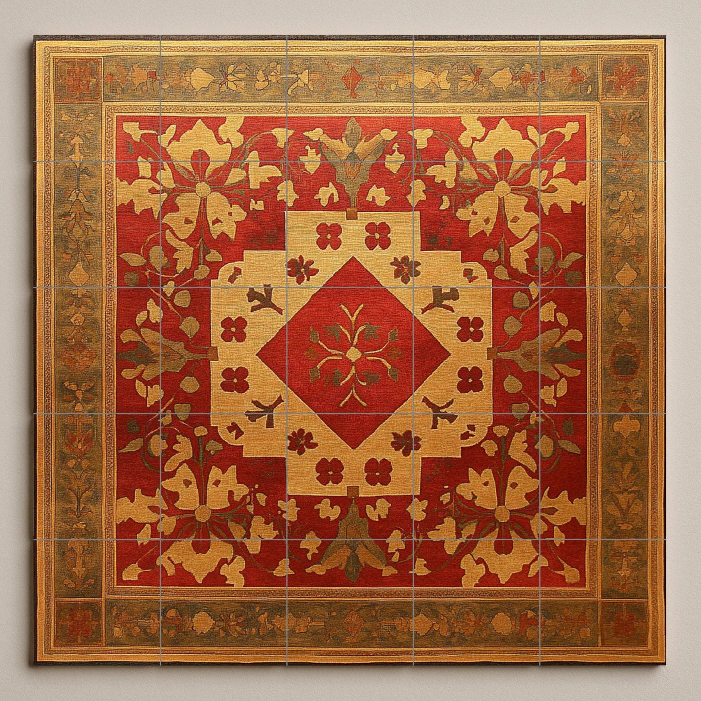 Armenian ceramic mural with motifs of crosses, golden rosettes, red geometric centerpiece and ornamentation of illuminated vines.