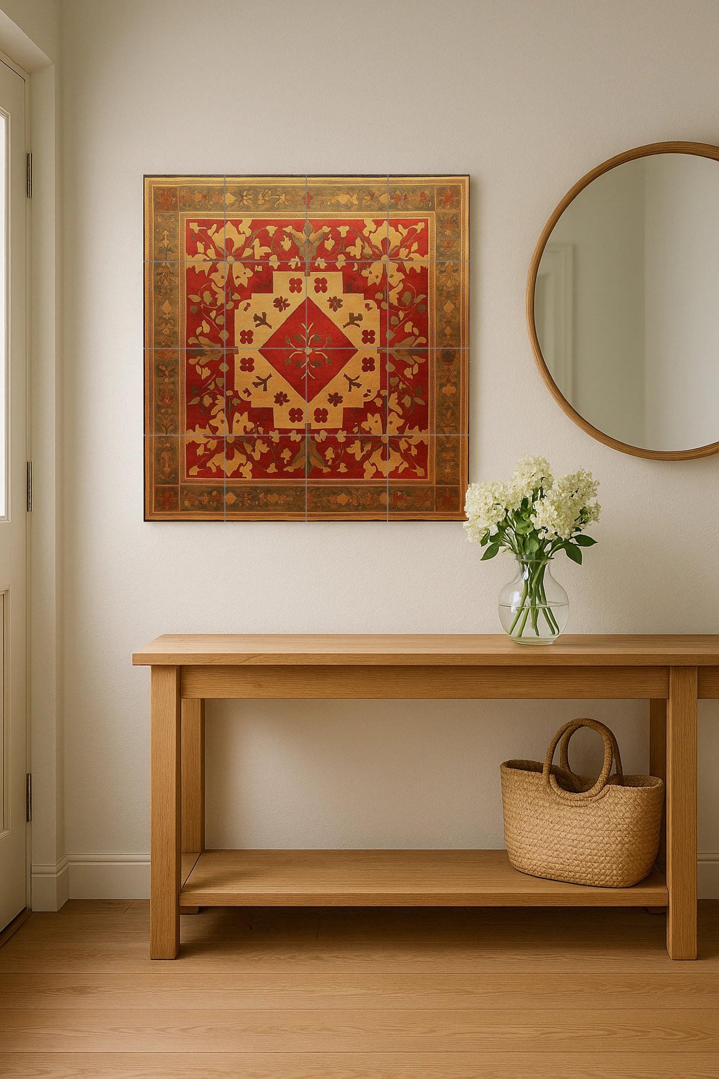 Armenian ceramic mural with motifs of crosses, golden rosettes, red geometric centerpiece and ornamentation of illuminated vines.