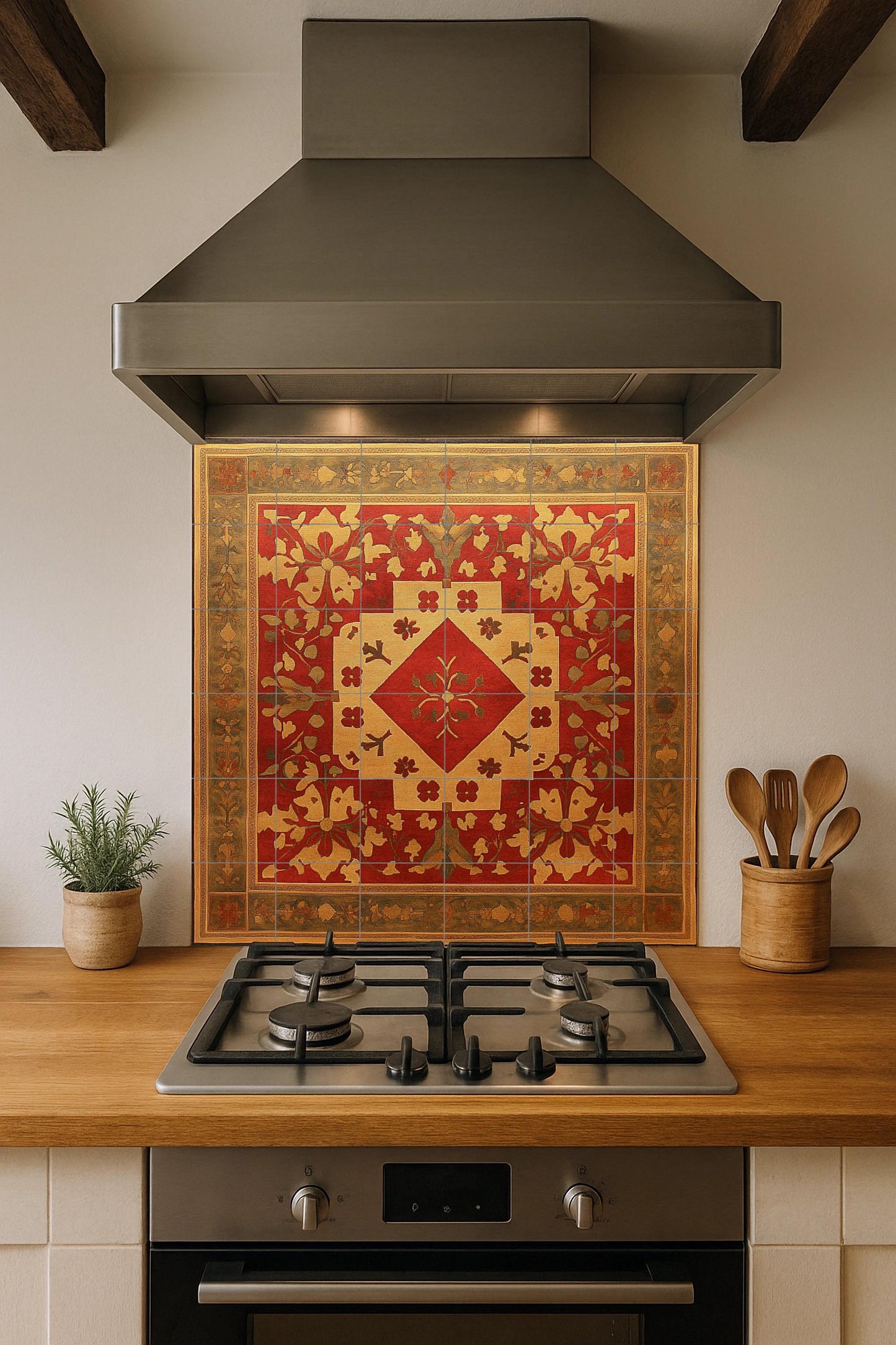 Armenian ceramic mural with motifs of crosses, golden rosettes, red geometric centerpiece and ornamentation of illuminated vines.