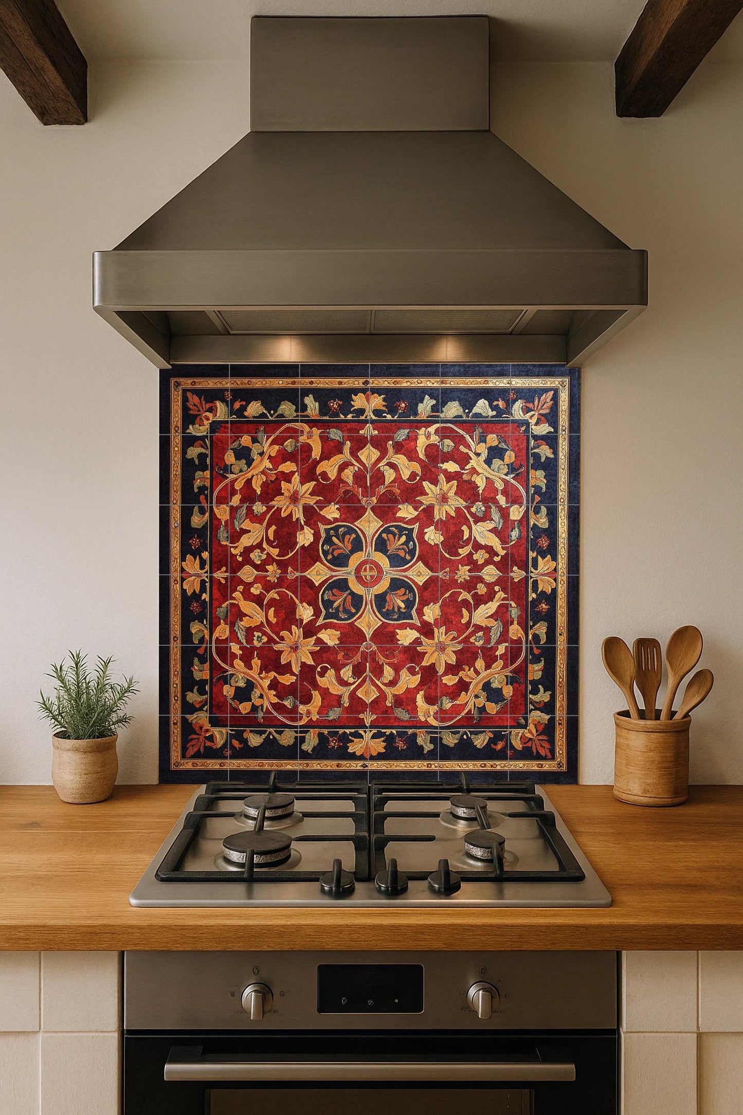 Ornamental ceramic mural with golden floral design and red tapestry: decorative tile artwork of majestic elegance.