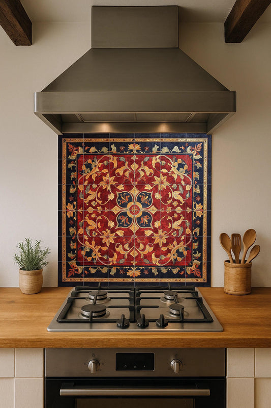 Ornamental ceramic mural with golden floral design and red tapestry: decorative tile artwork of majestic elegance.