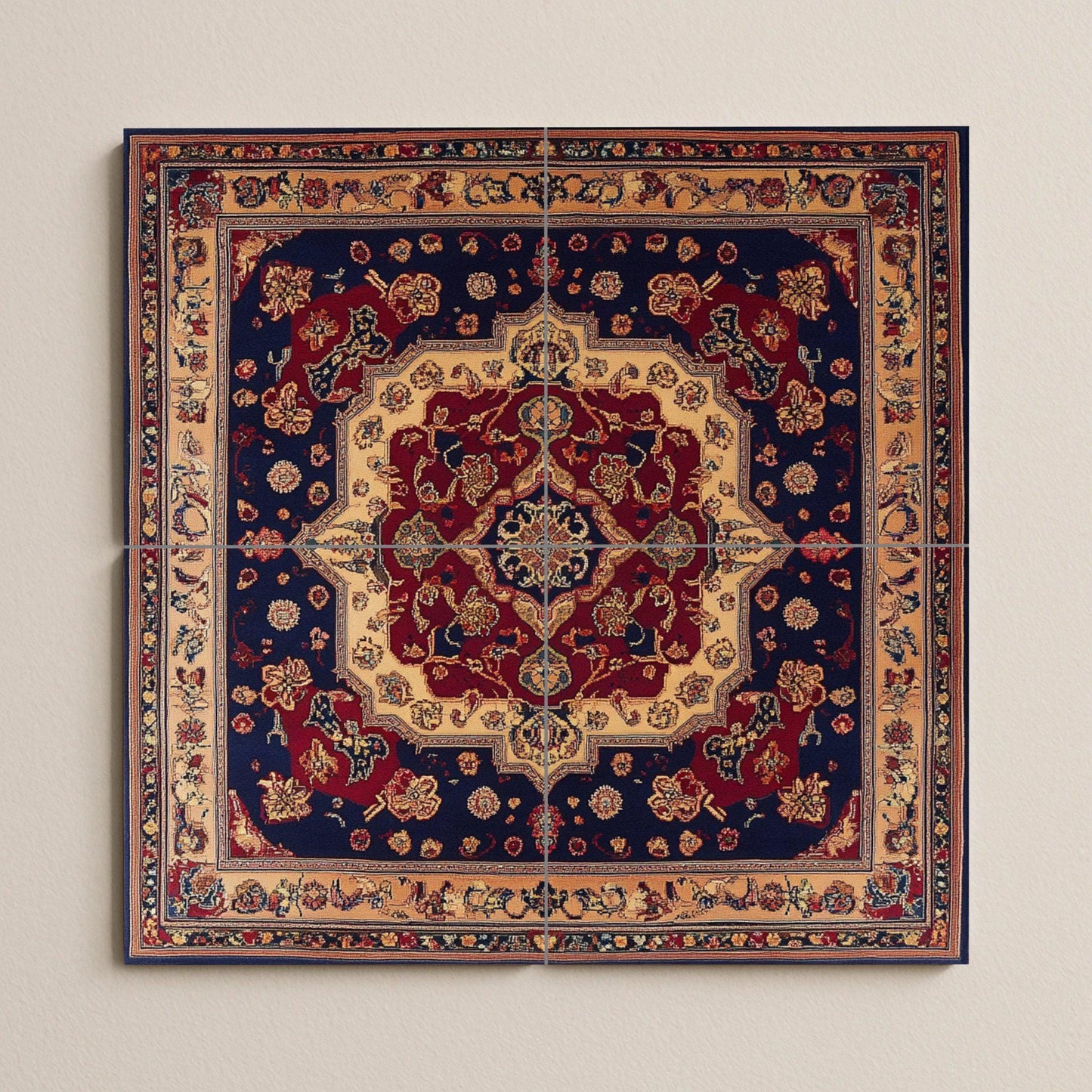 Shiraz Persian ceramic mural with a rich floral medallion and decorative tiles in red and navy blue, wall art inspired by traditional carpets.