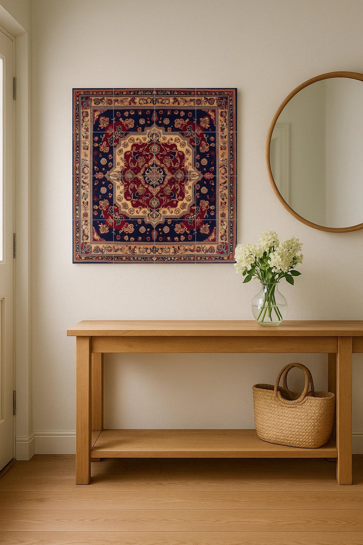 Shiraz Persian ceramic mural with a rich floral medallion and decorative tiles in red and navy blue, wall art inspired by traditional carpets.
