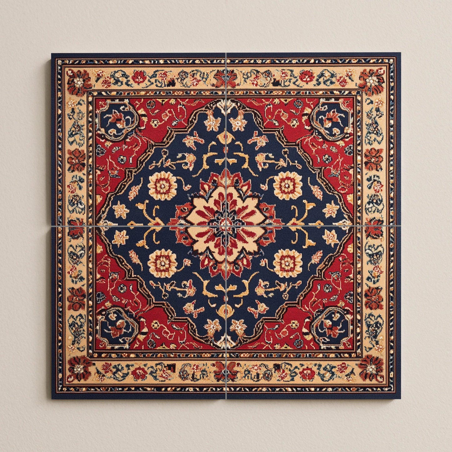 Persian ceramic mural from Mashhad with ornamental medallion and deep red and navy blue tiles, wall art inspired by traditional floral carpets.