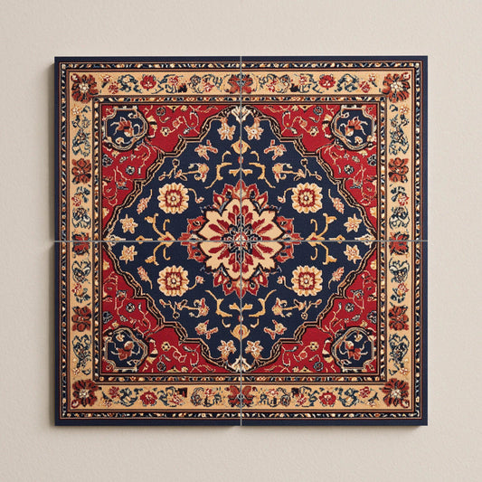 Persian ceramic mural from Mashhad with ornamental medallion and deep red and navy blue tiles, wall art inspired by traditional floral carpets.