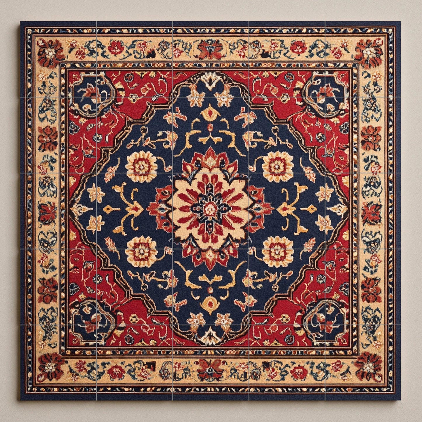 Persian ceramic mural from Mashhad with ornamental medallion and deep red and navy blue tiles, wall art inspired by traditional floral carpets.