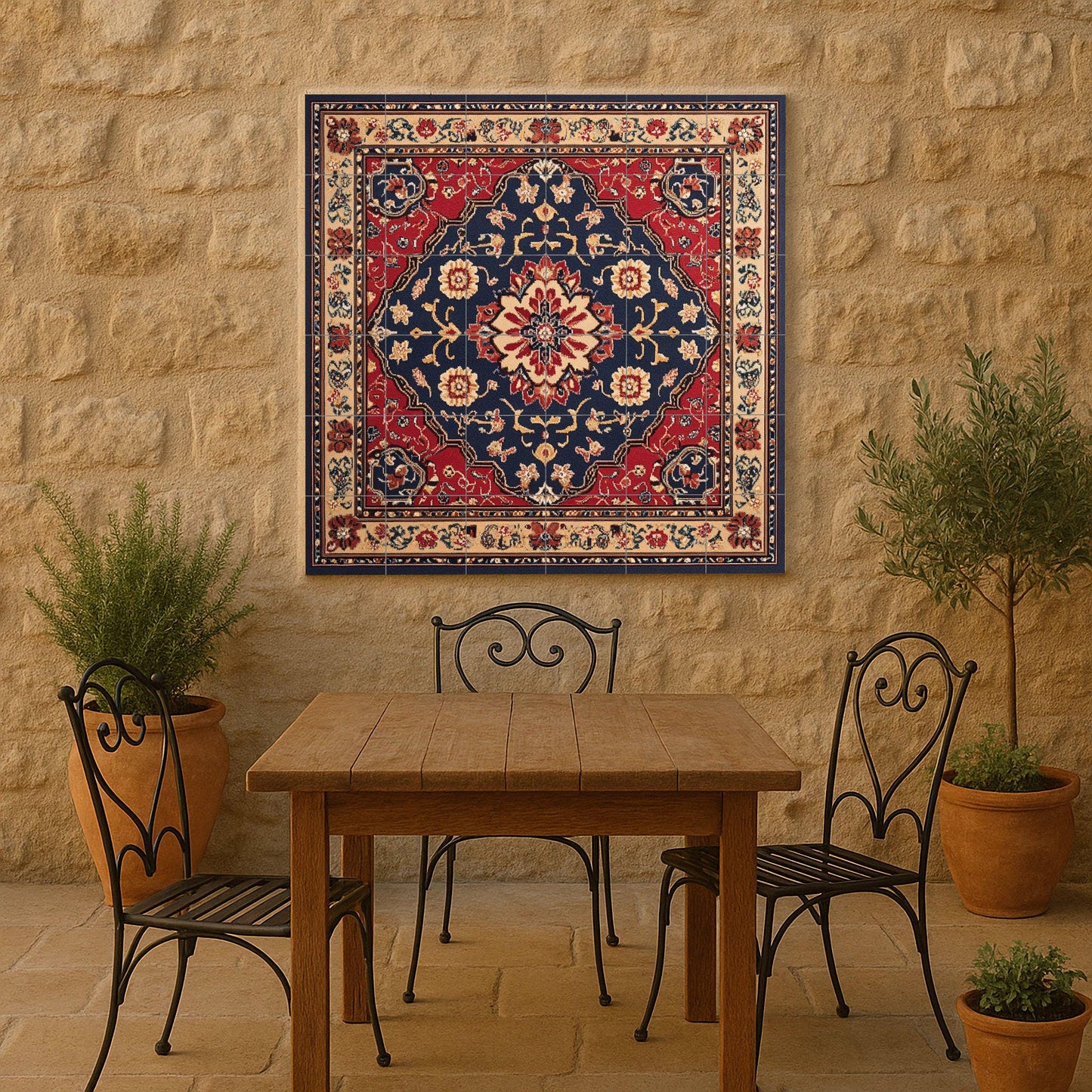 Persian ceramic mural from Mashhad with ornamental medallion and deep red and navy blue tiles, wall art inspired by traditional floral carpets.