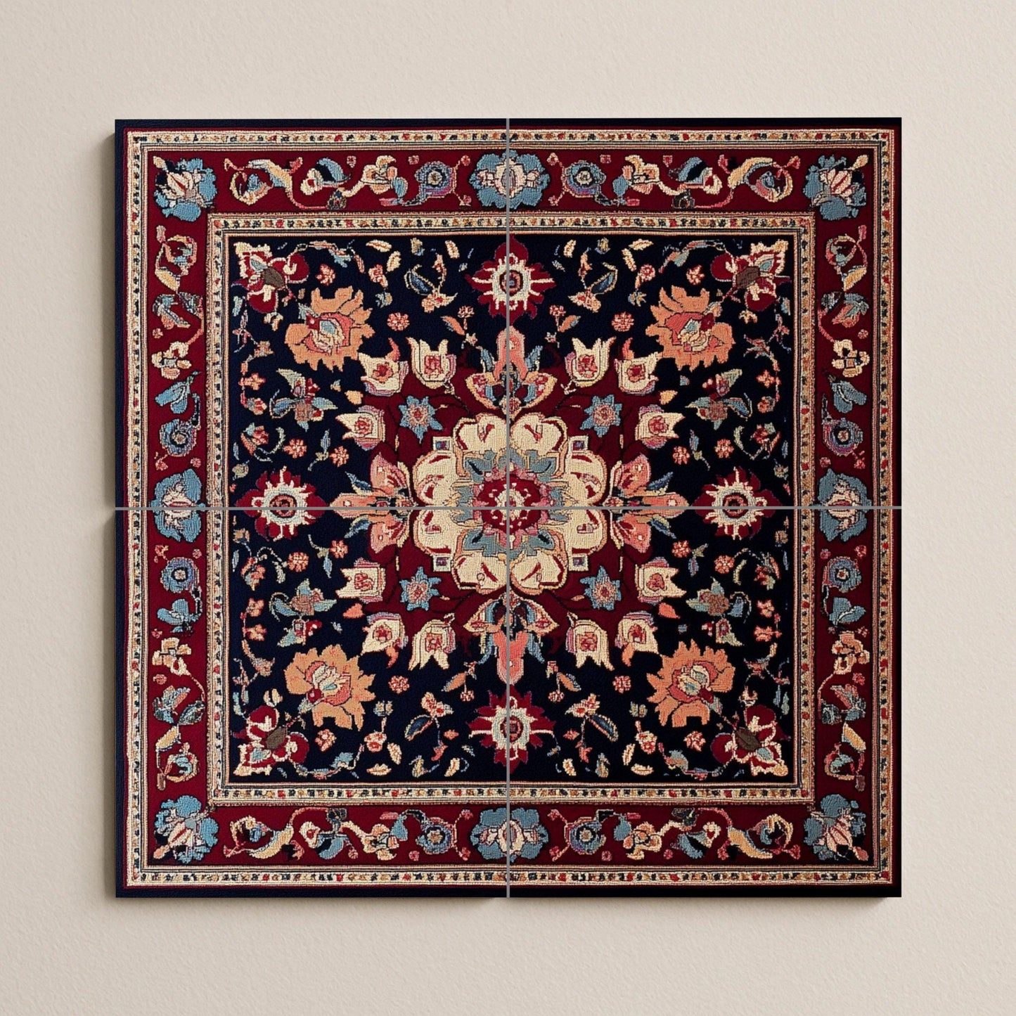 Lebanese ceramic mural from Beirut with a floral medallion and tiles in indigo and crimson tones. Decorative art of oriental inspiration.