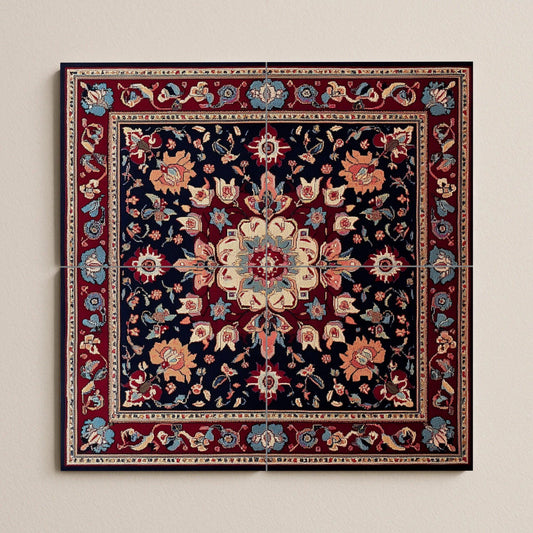 Lebanese ceramic mural from Beirut with a floral medallion and tiles in indigo and crimson tones. Decorative art of oriental inspiration.