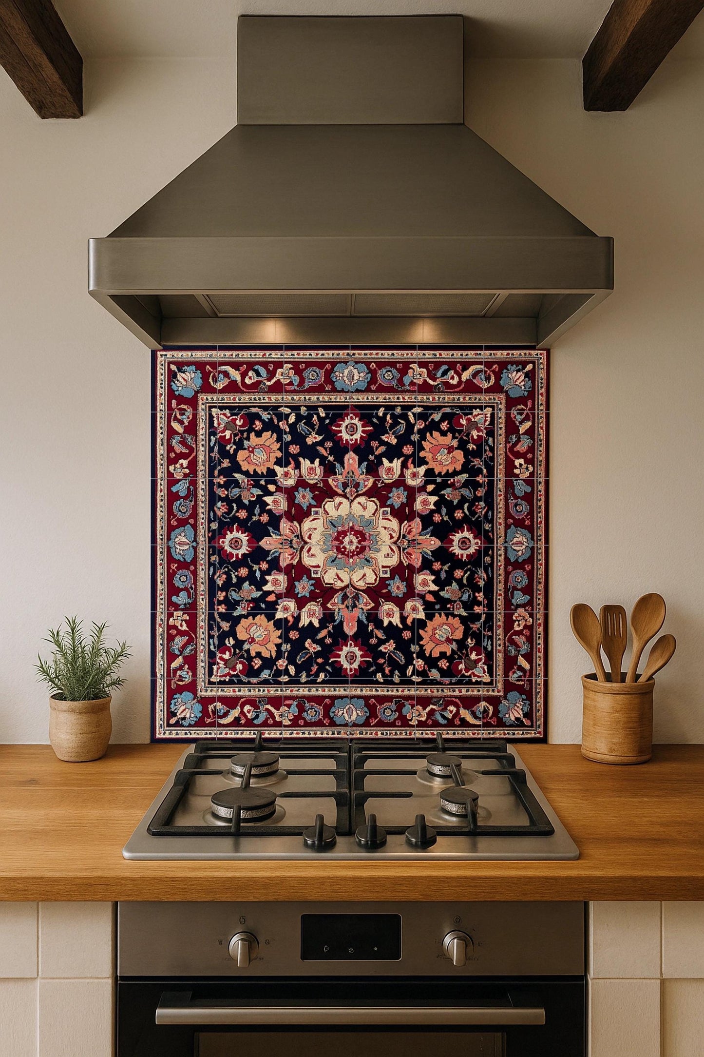 Lebanese ceramic mural from Beirut with a floral medallion and tiles in indigo and crimson tones. Decorative art of oriental inspiration.
