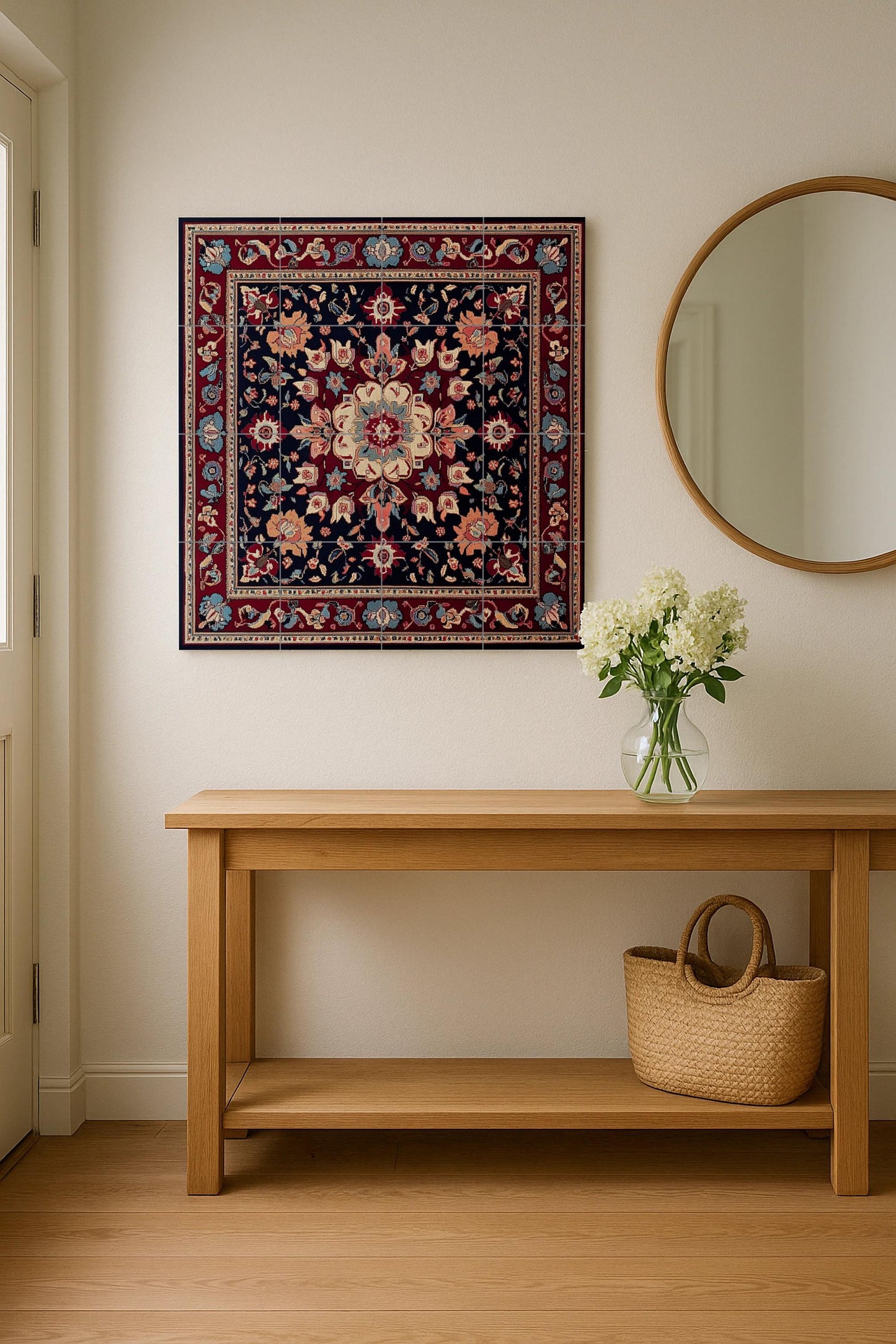 Lebanese ceramic mural from Beirut with a floral medallion and tiles in indigo and crimson tones. Decorative art of oriental inspiration.