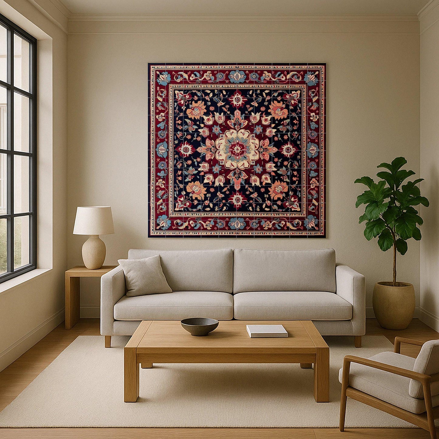 Lebanese ceramic mural from Beirut with a floral medallion and tiles in indigo and crimson tones. Decorative art of oriental inspiration.