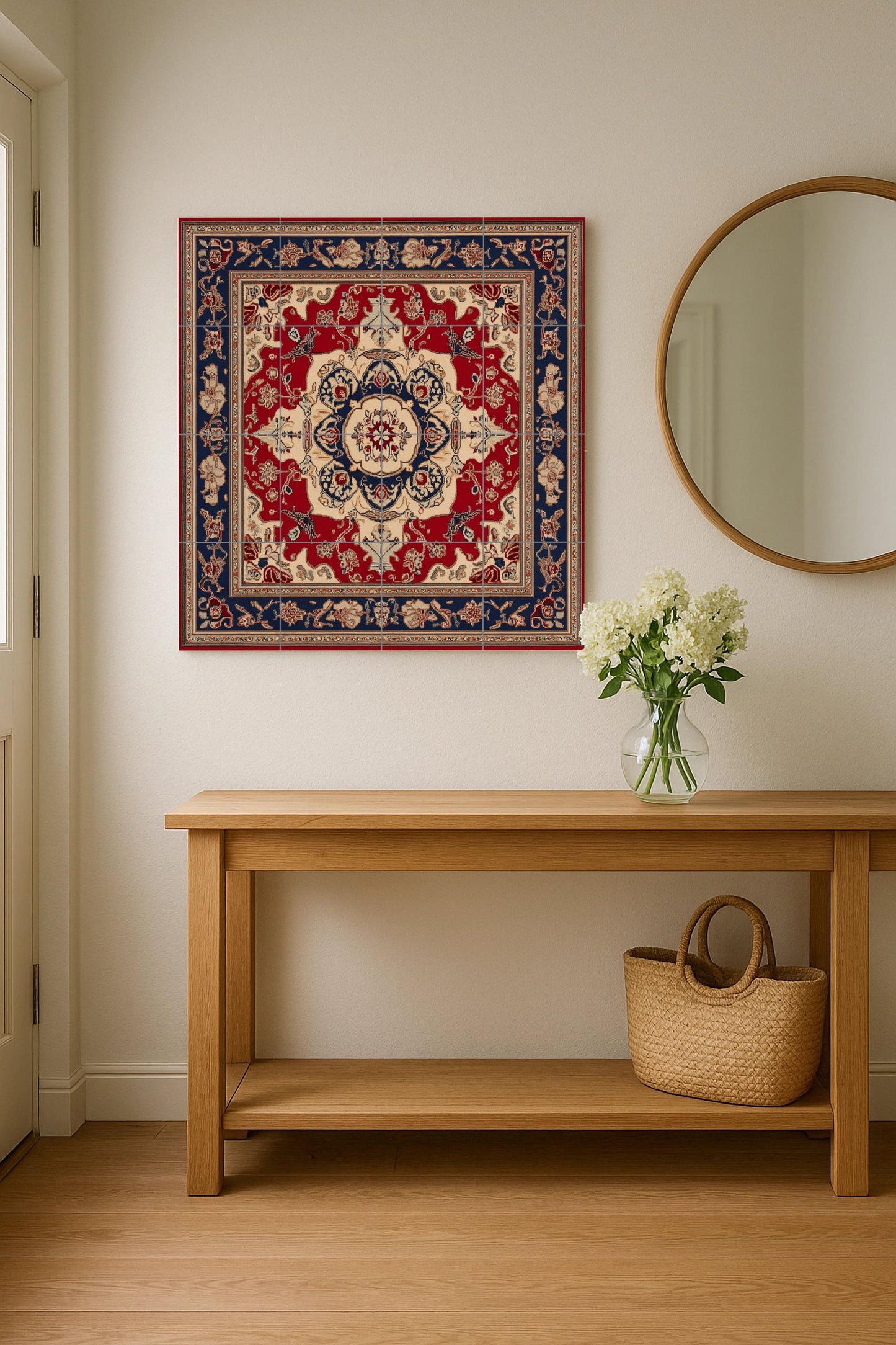 Azerbaijani ceramic mural with ornamental medallion and decorative tiles in deep red and indigo, mural art with traditional motifs.