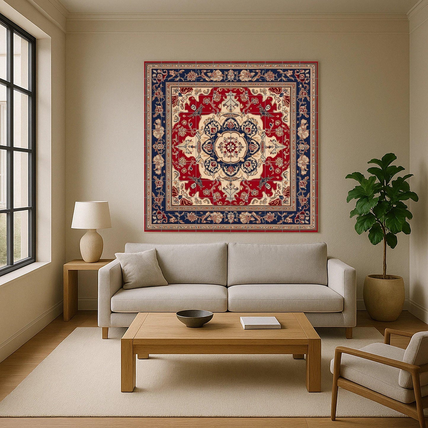 Azerbaijani ceramic mural with ornamental medallion and decorative tiles in deep red and indigo, mural art with traditional motifs.